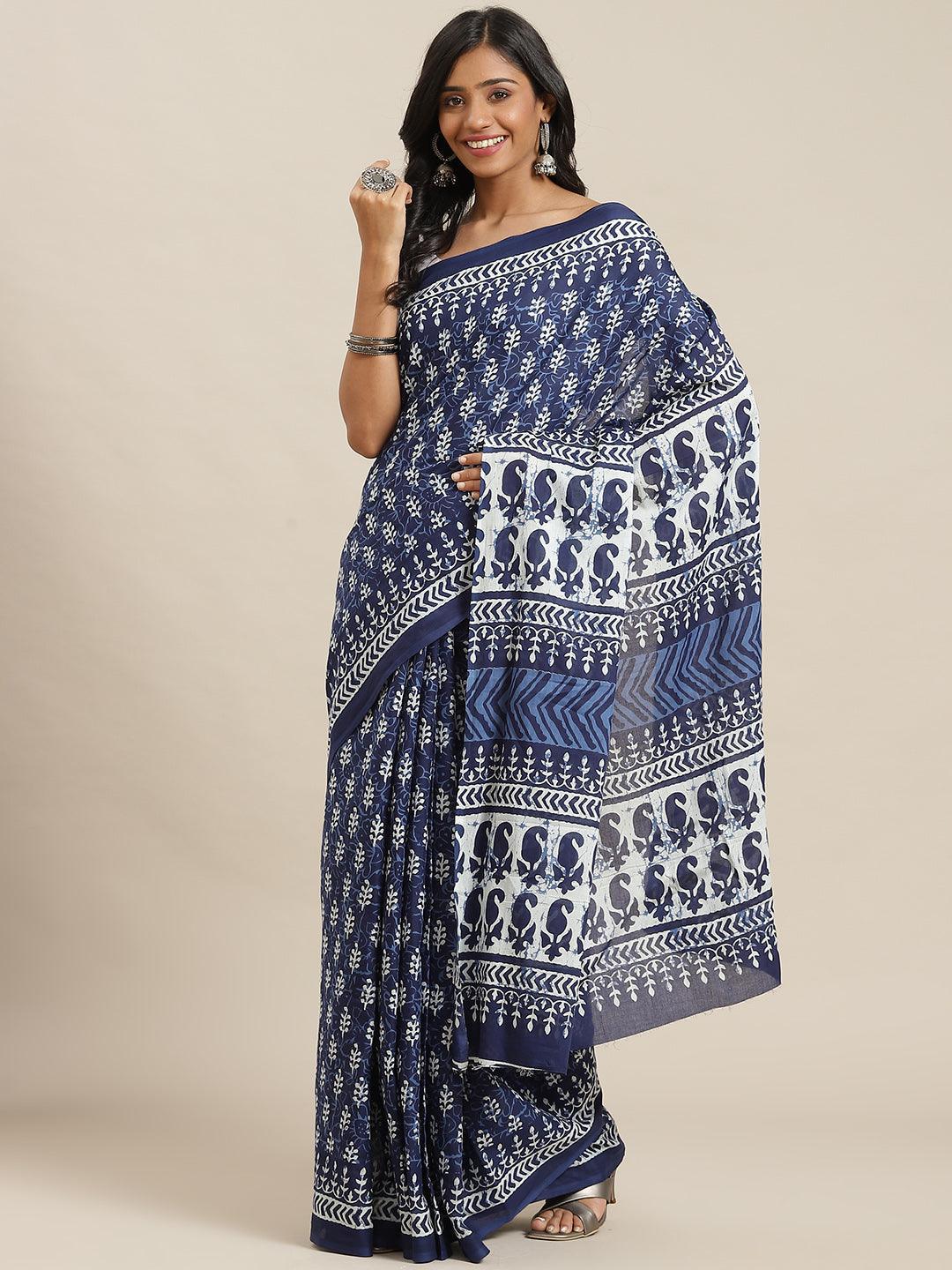 Blue Printed Cotton Saree