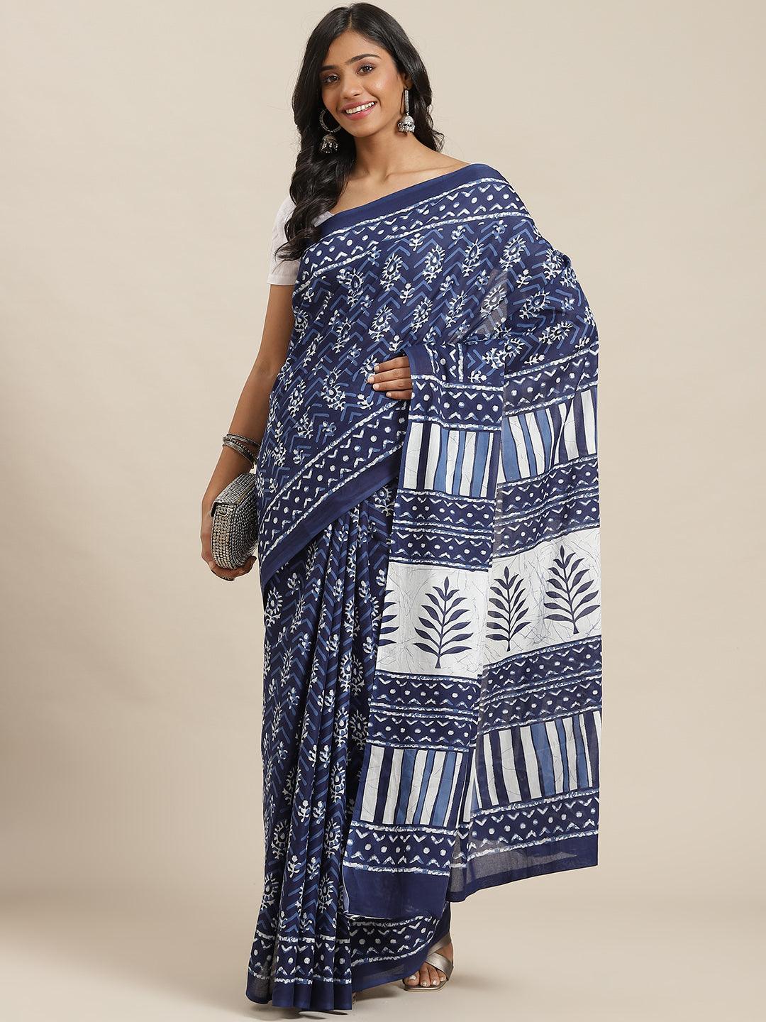 Blue Printed Cotton Saree