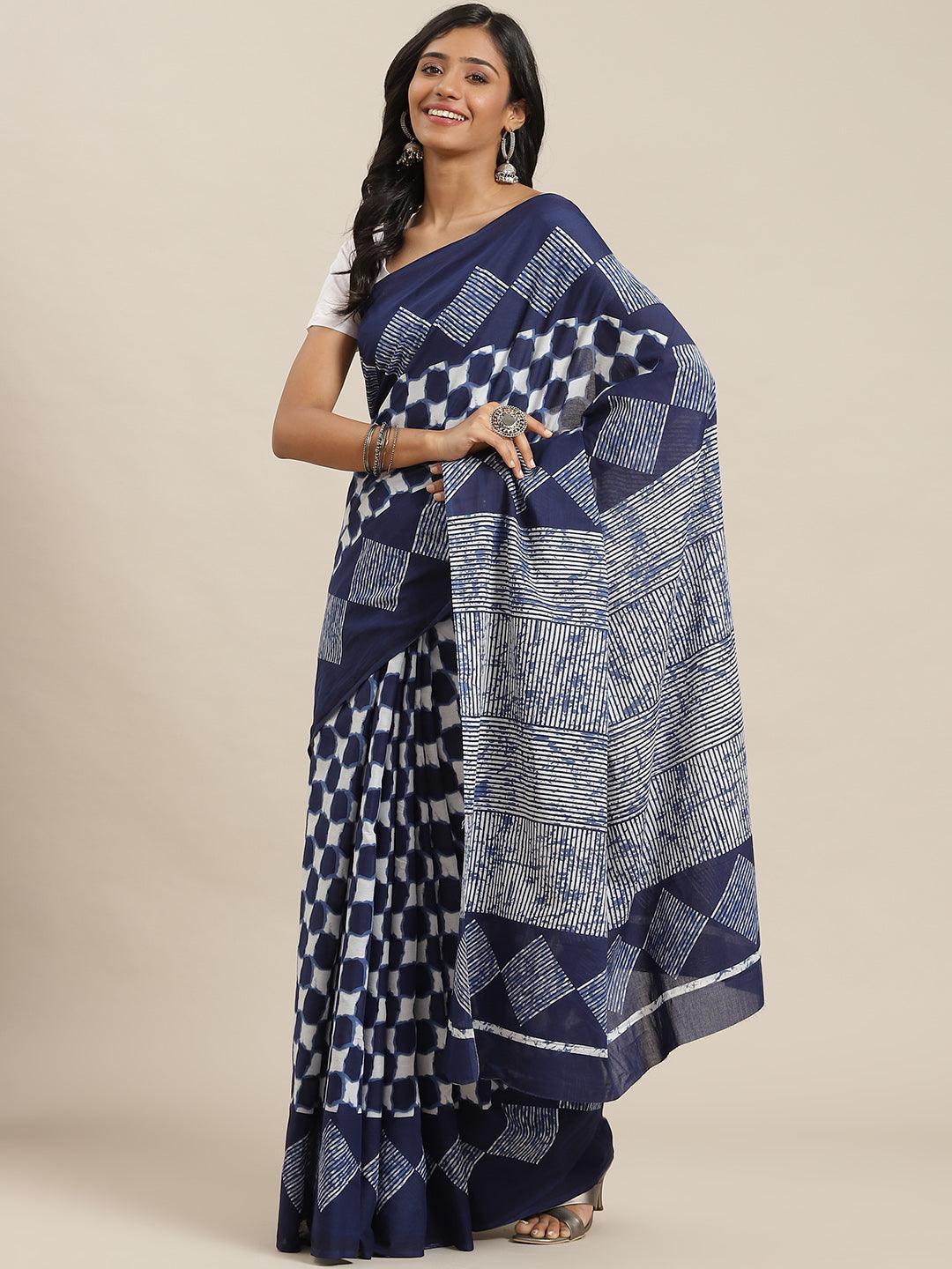 Blue Printed Cotton Saree