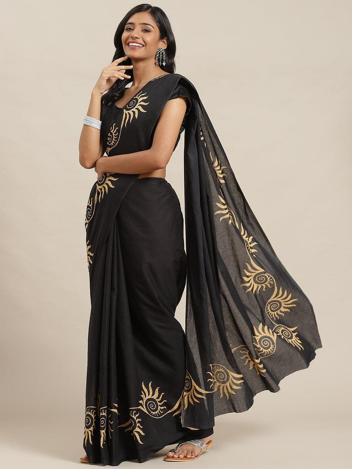 Navy Blue Solid Cotton Saree - ShopLibas