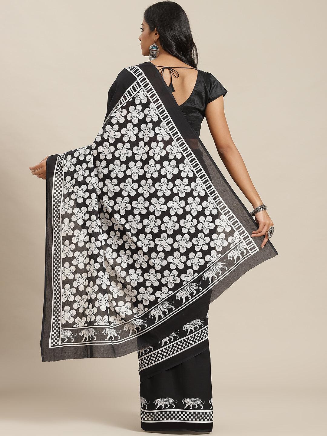 Black Solid Cotton Saree - ShopLibas