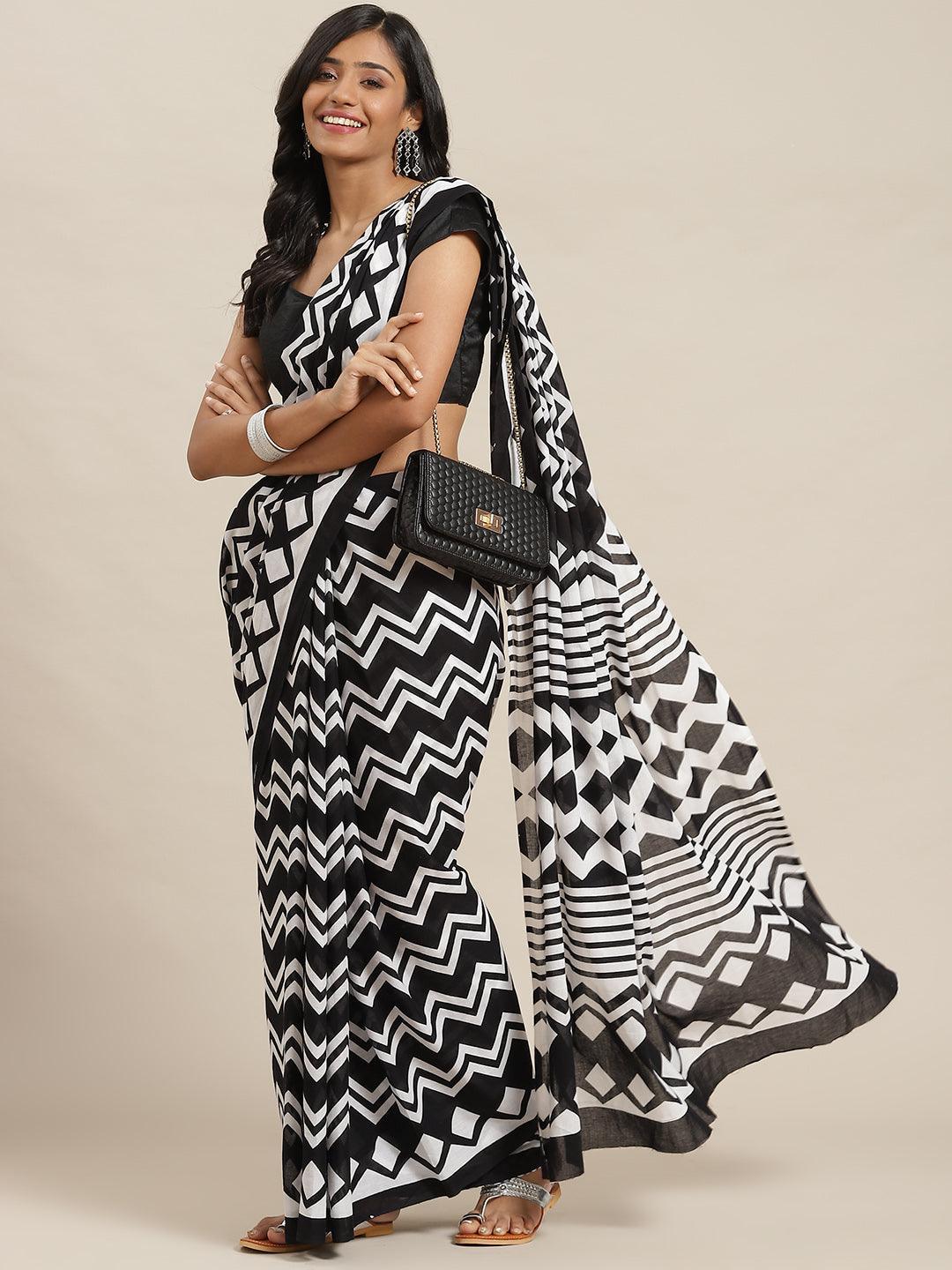 Black Printed Cotton Saree