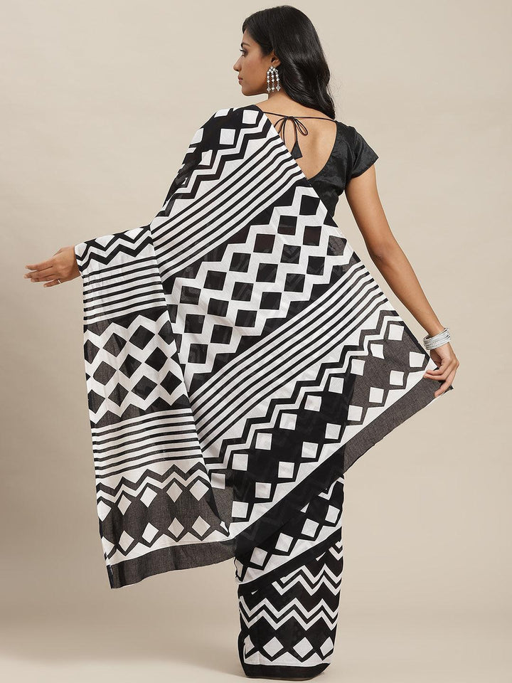 Black Printed Cotton Saree - ShopLibas