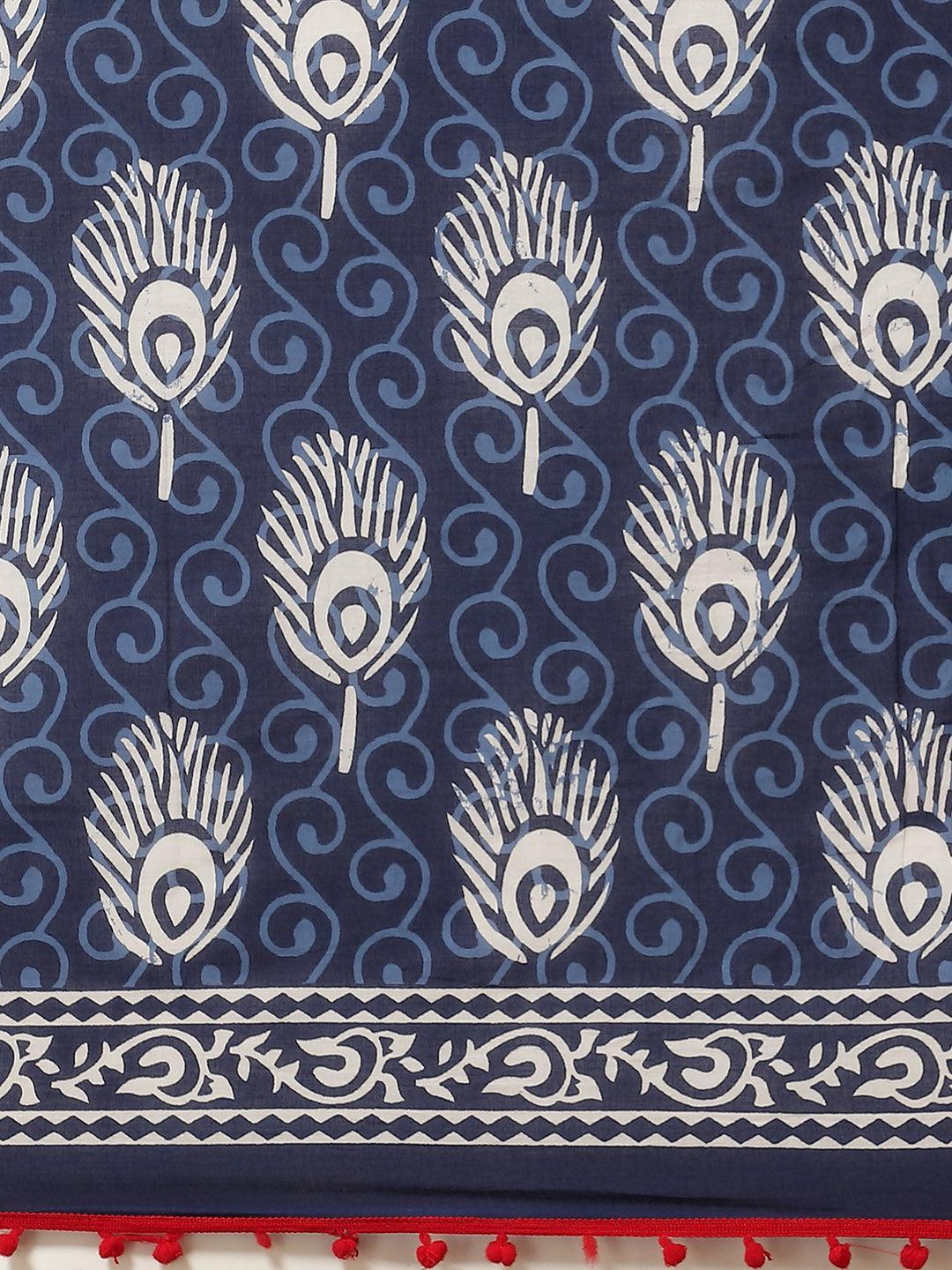 Blue Printed Cotton Saree