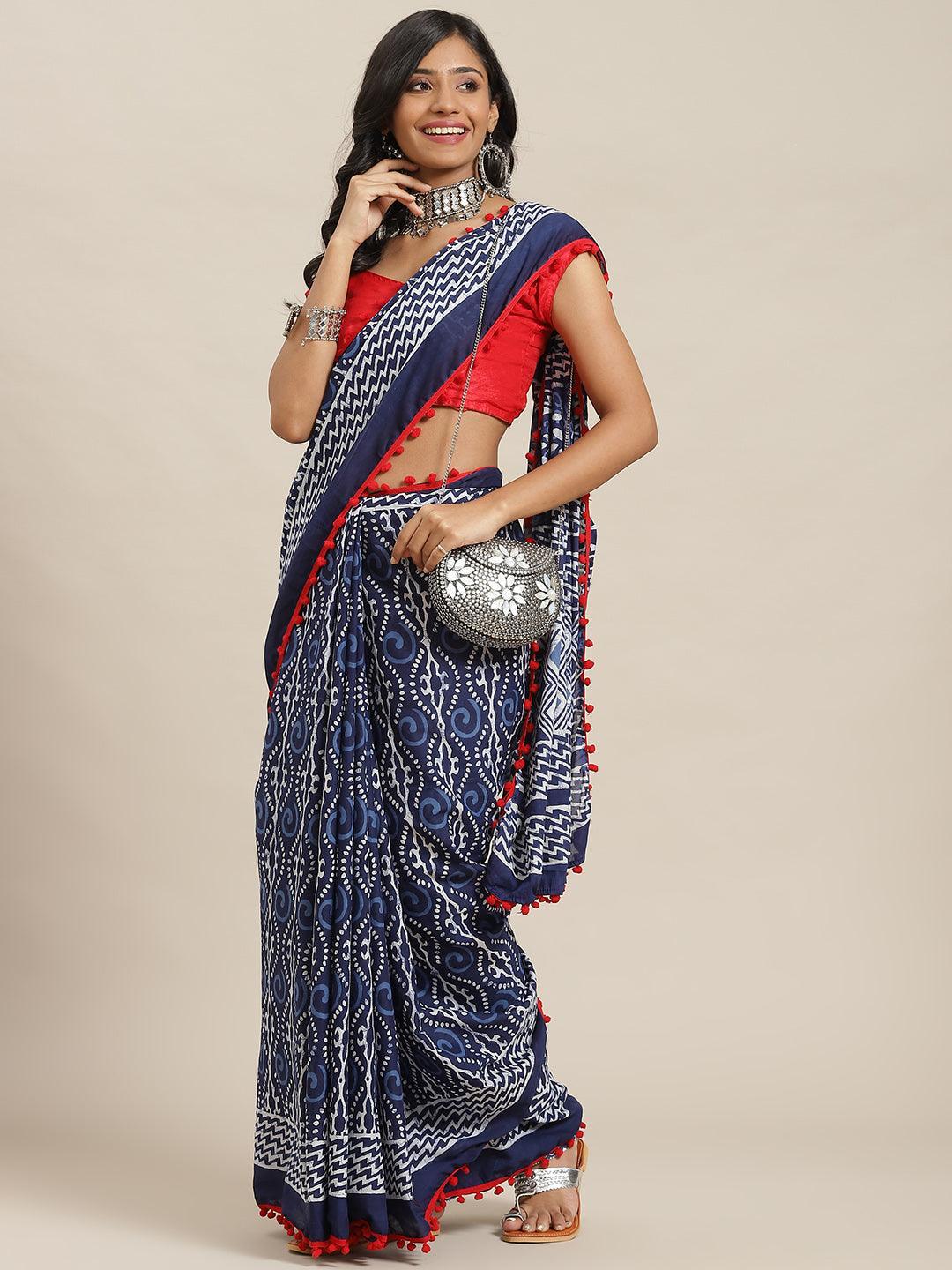 Blue Printed Cotton Saree