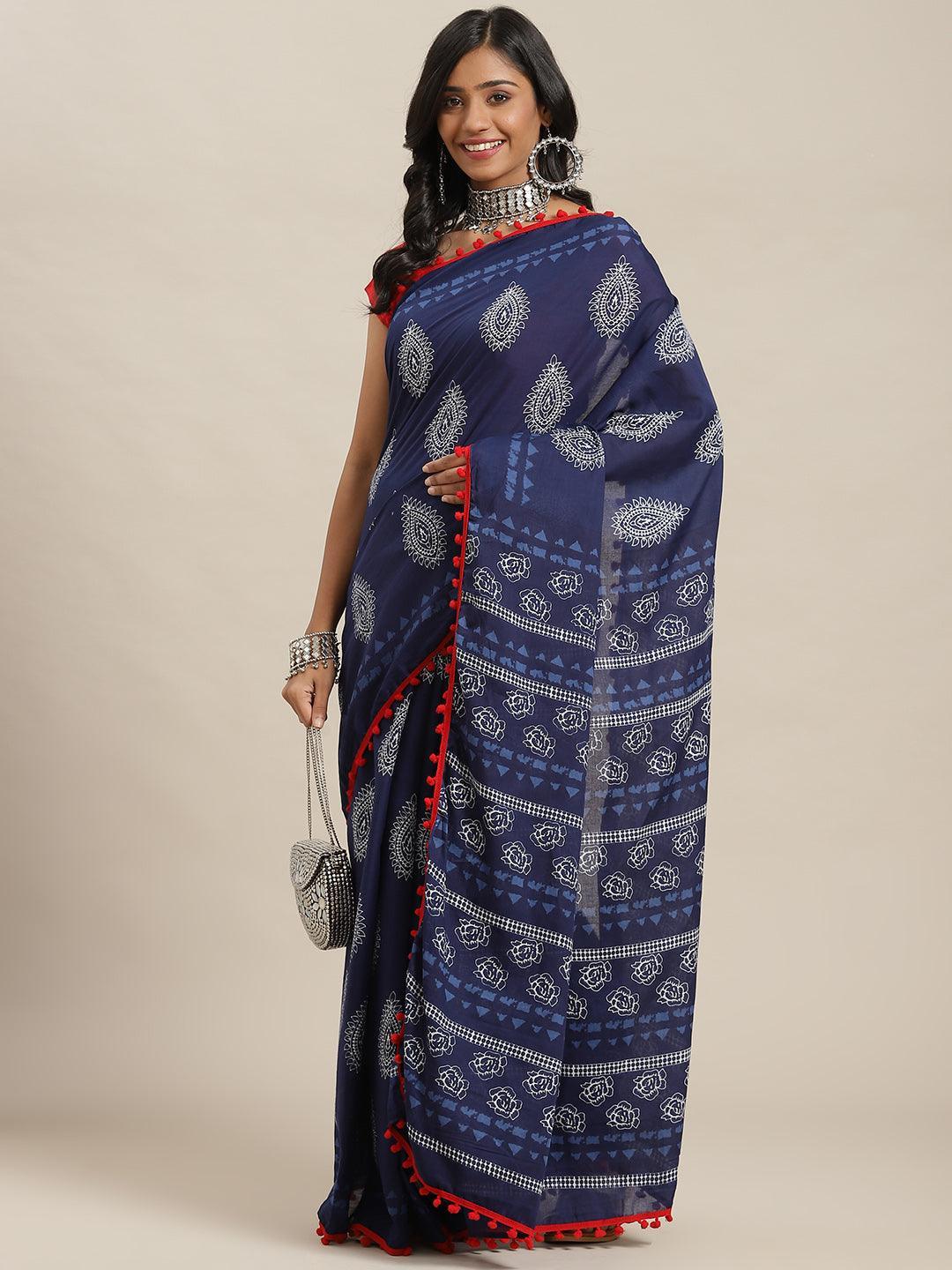 Blue Printed Cotton Saree