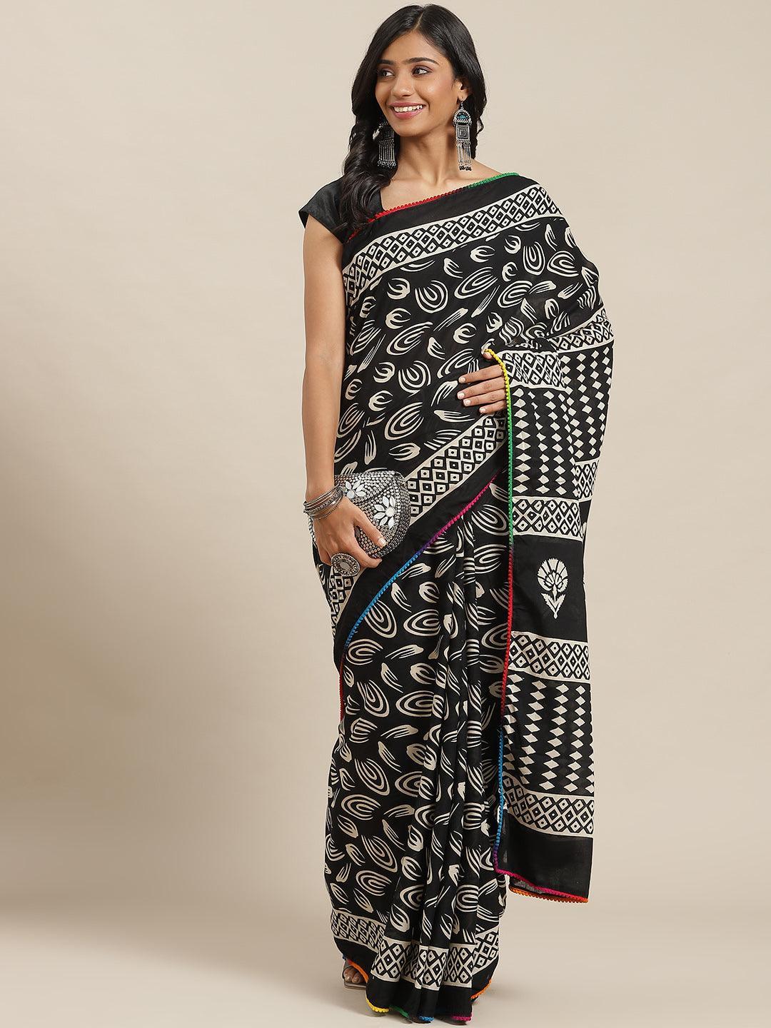 Black Printed Cotton Saree - ShopLibas