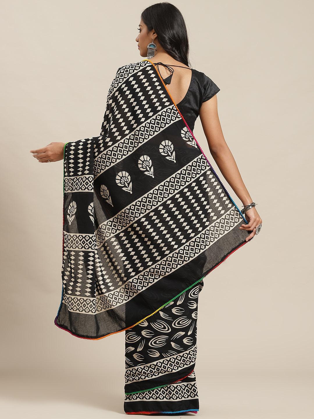 Black Printed Cotton Saree - ShopLibas