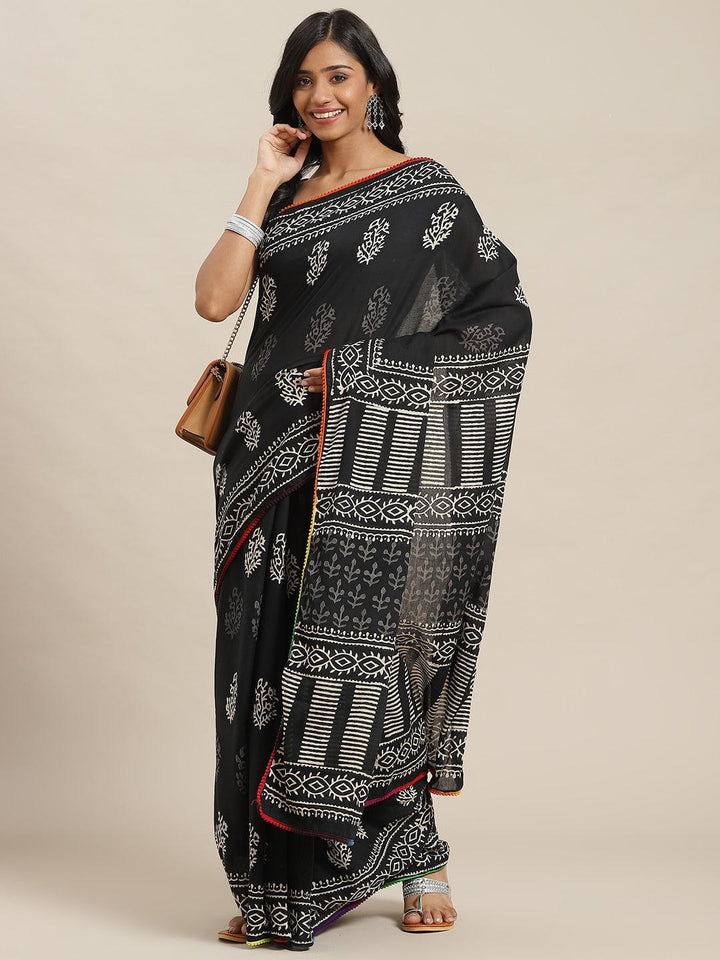 Black Printed Cotton Saree - ShopLibas