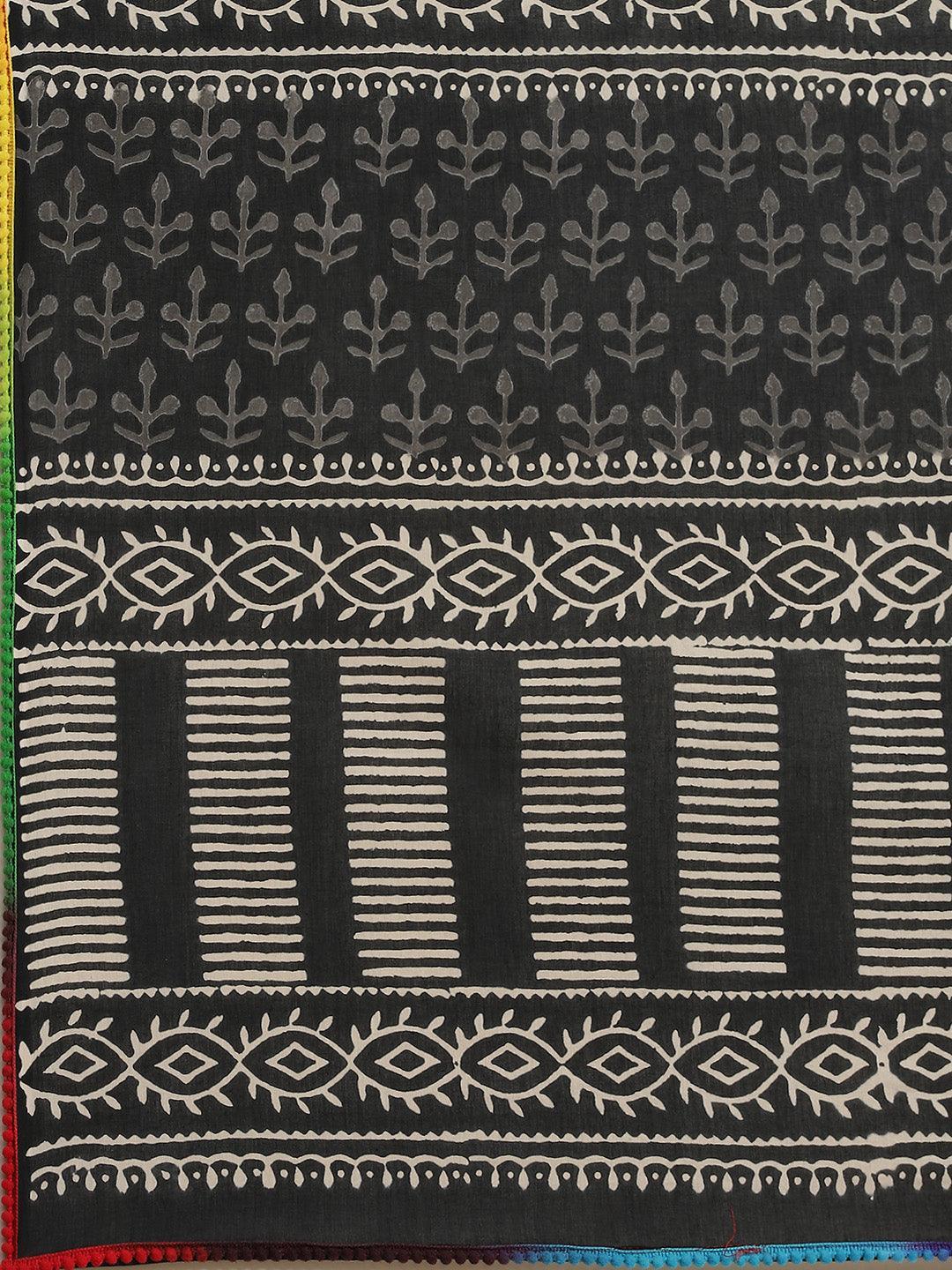 Black Printed Cotton Saree - ShopLibas