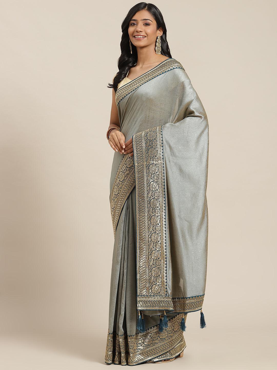 Grey Solid Silk Blend Saree - ShopLibas