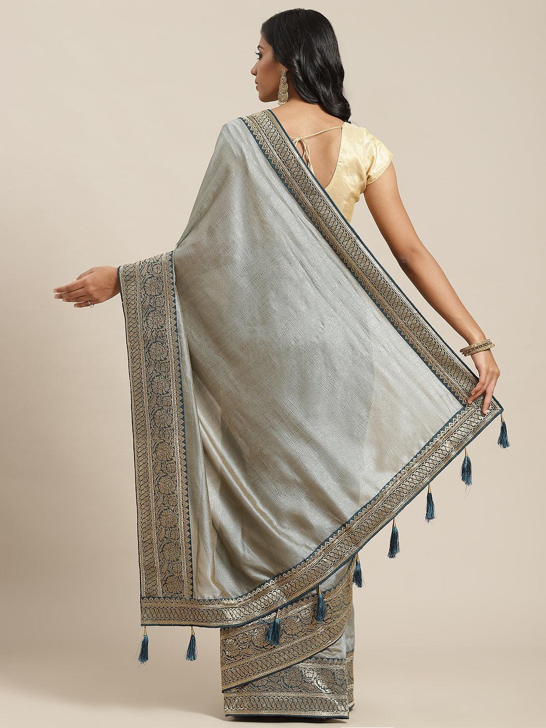 Grey Solid Silk Blend Saree - ShopLibas