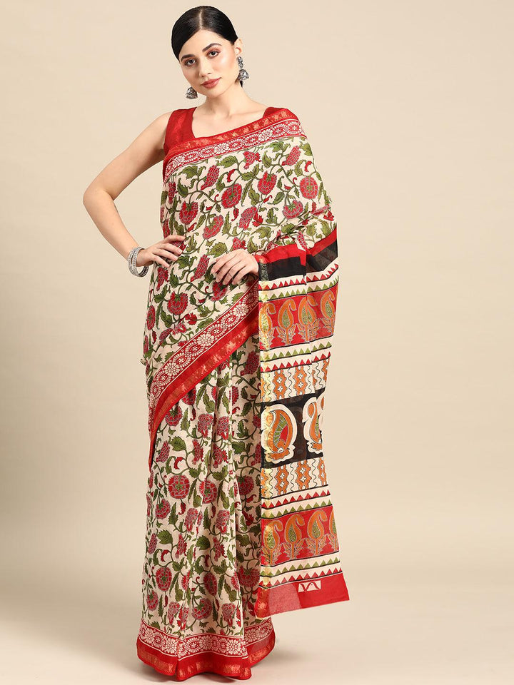 Beige Printed Cotton Saree - ShopLibas