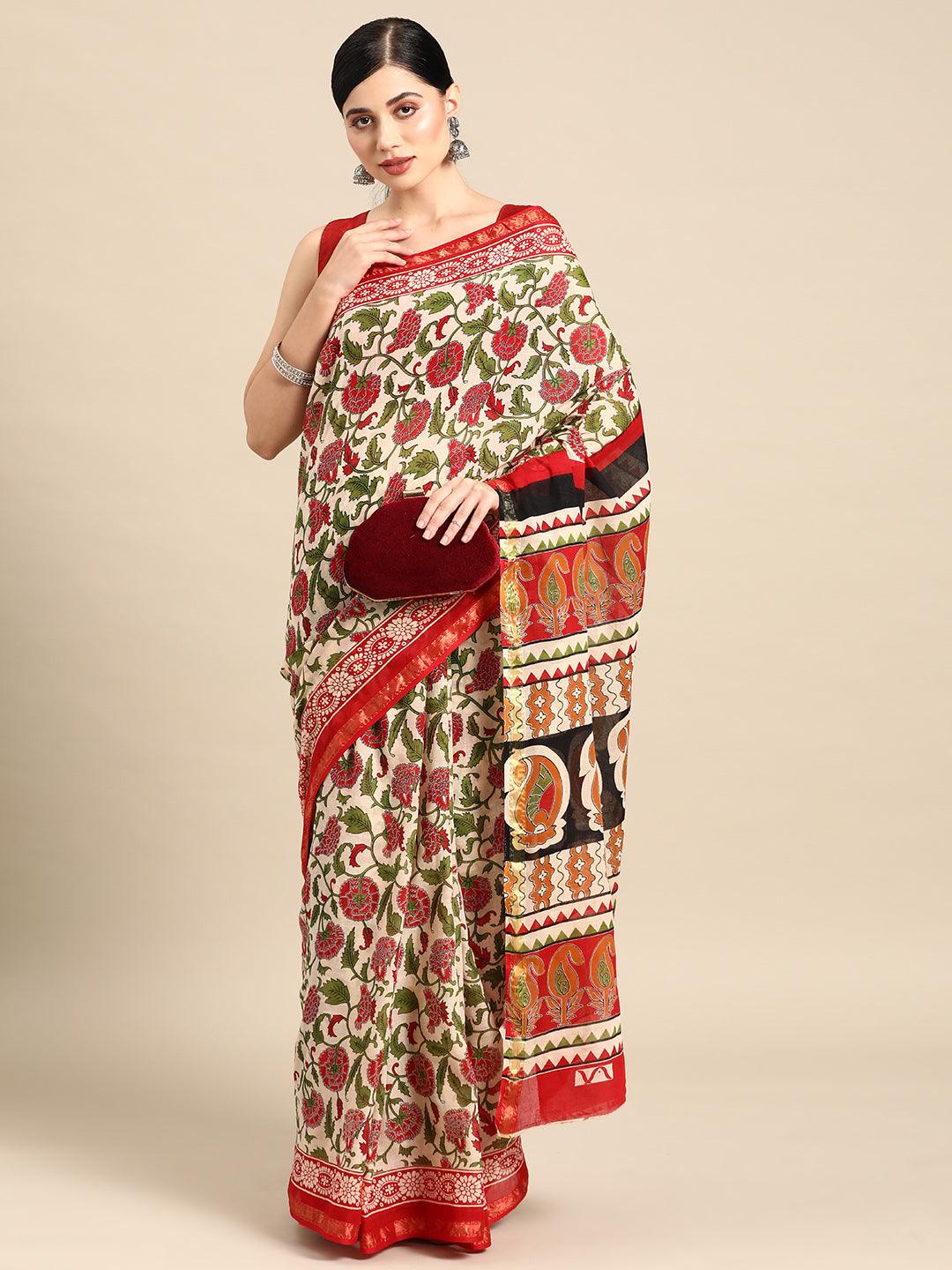 Beige Printed Cotton Saree - ShopLibas