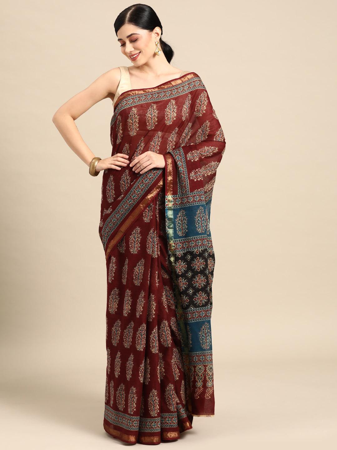 Maroon Printed Cotton Saree - ShopLibas