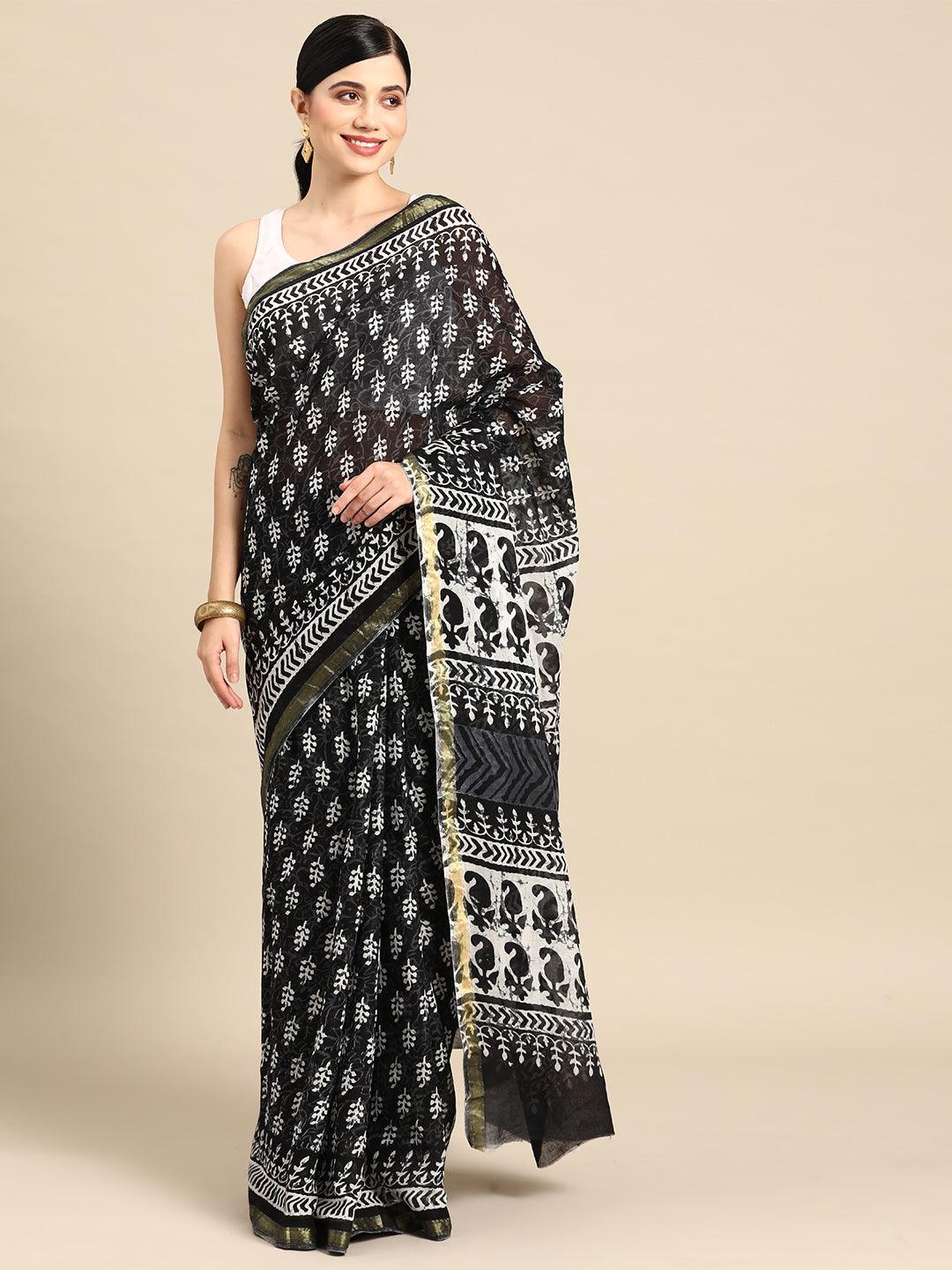 Black Printed Cotton Saree - ShopLibas