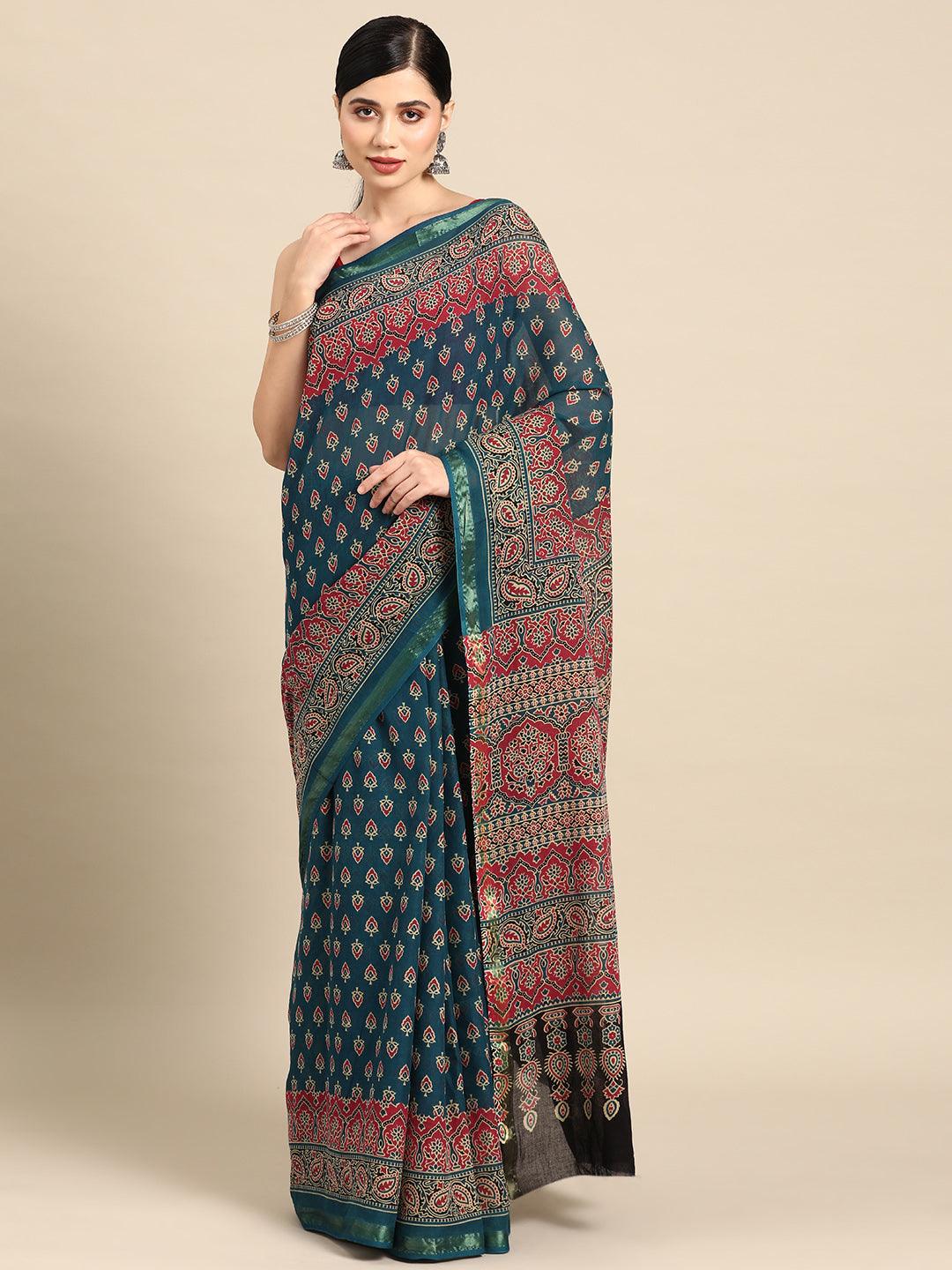 Blue Printed Cotton Saree