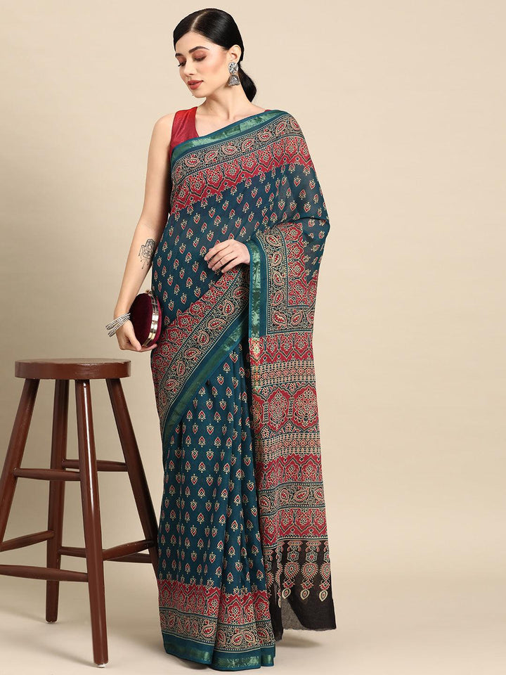 Blue Printed Cotton Saree - ShopLibas