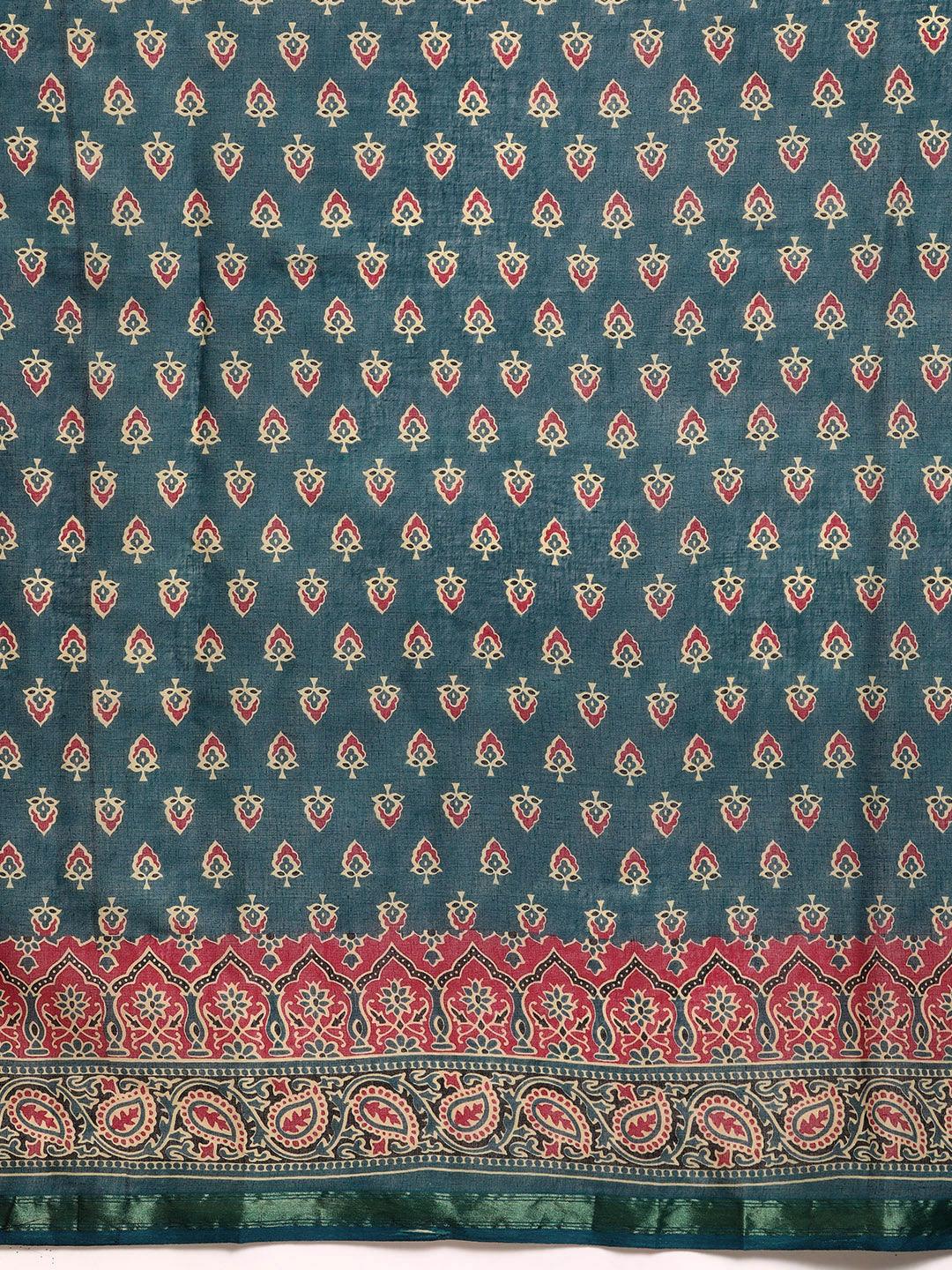 Blue Printed Cotton Saree - ShopLibas