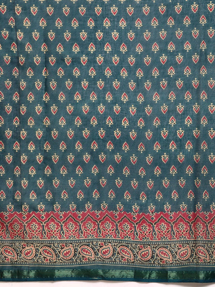 Blue Printed Cotton Saree - ShopLibas