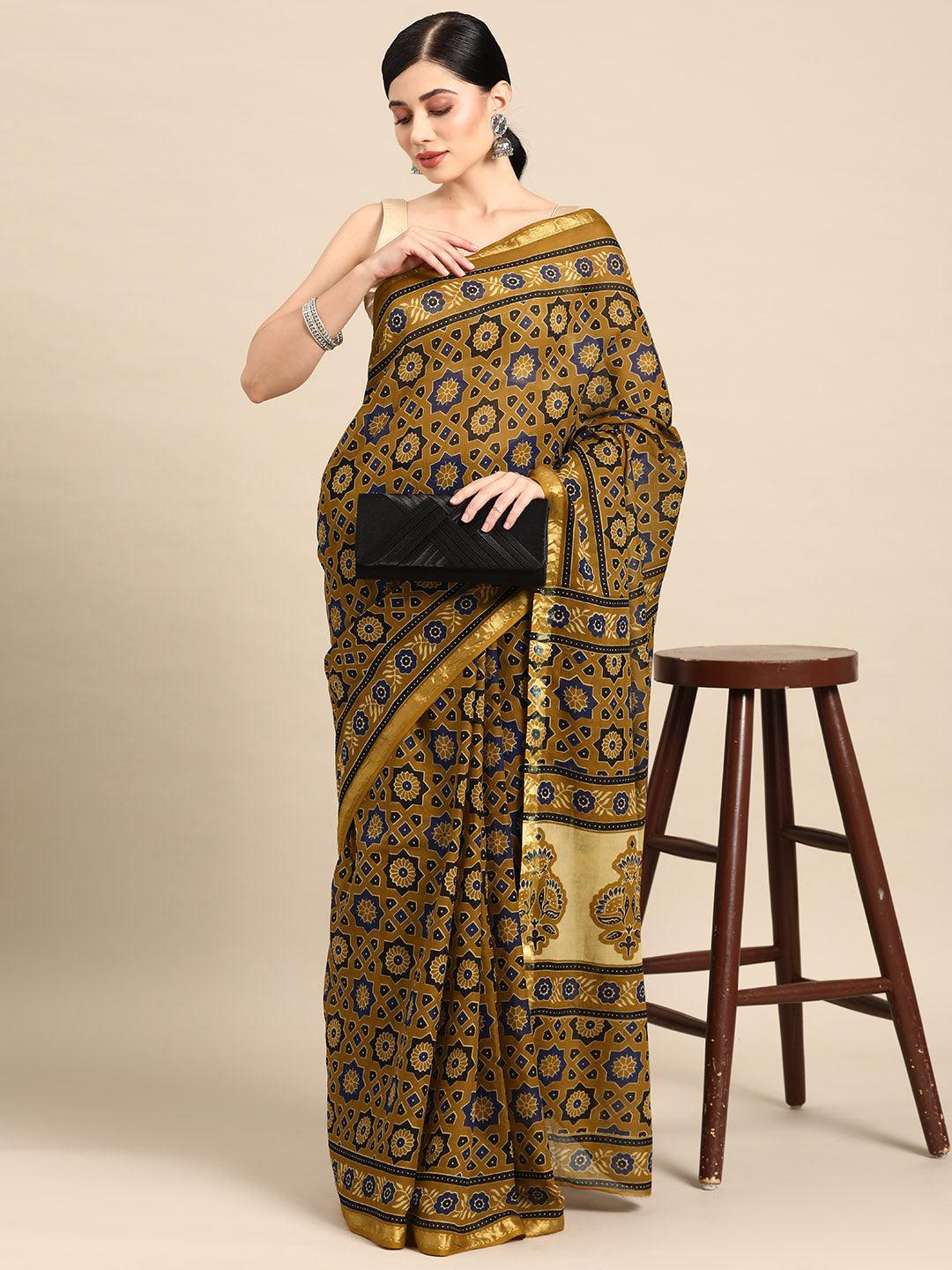 Mustard Printed Cotton Saree