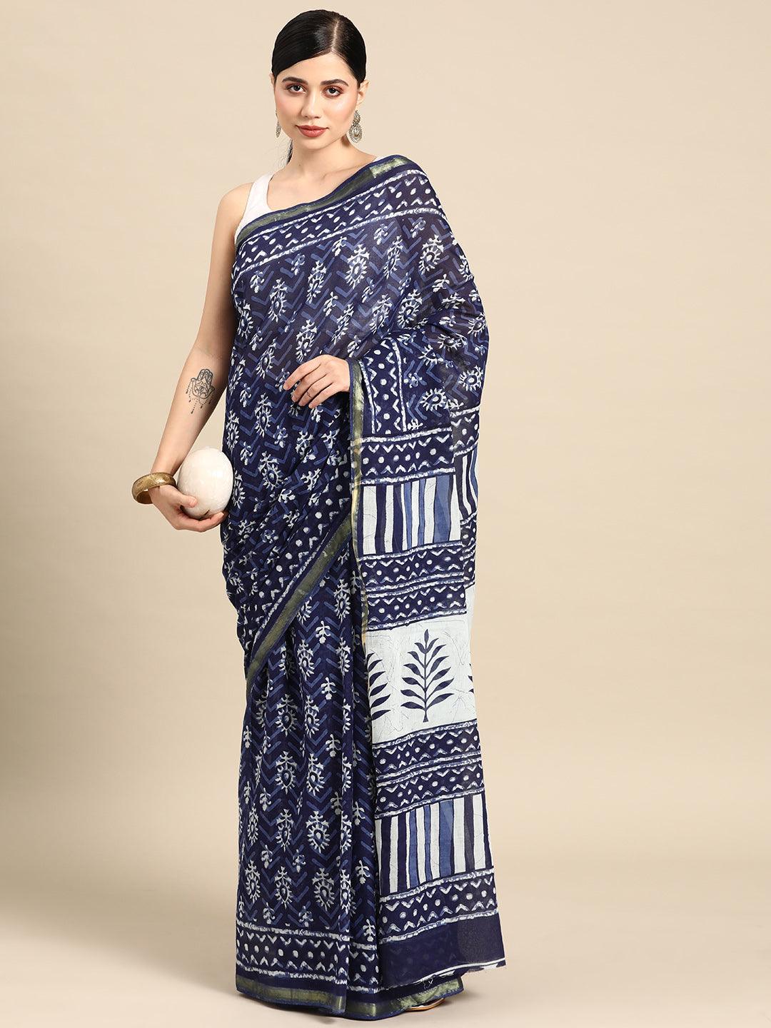 Blue Printed Cotton Saree - ShopLibas