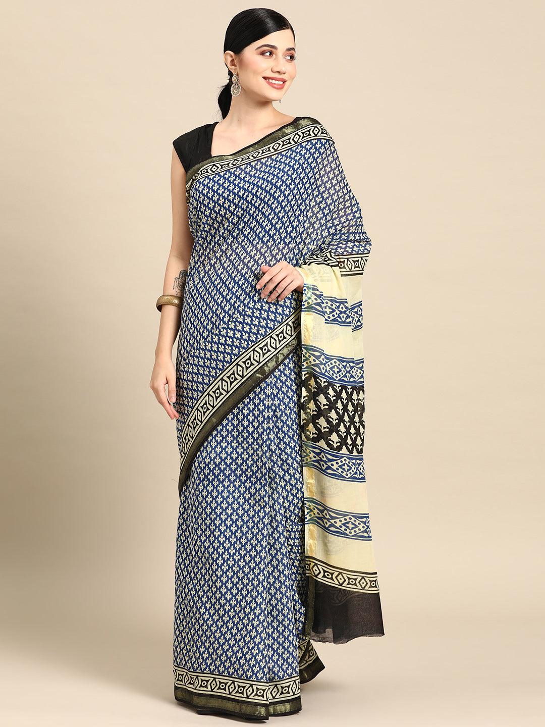 Blue Printed Cotton Saree