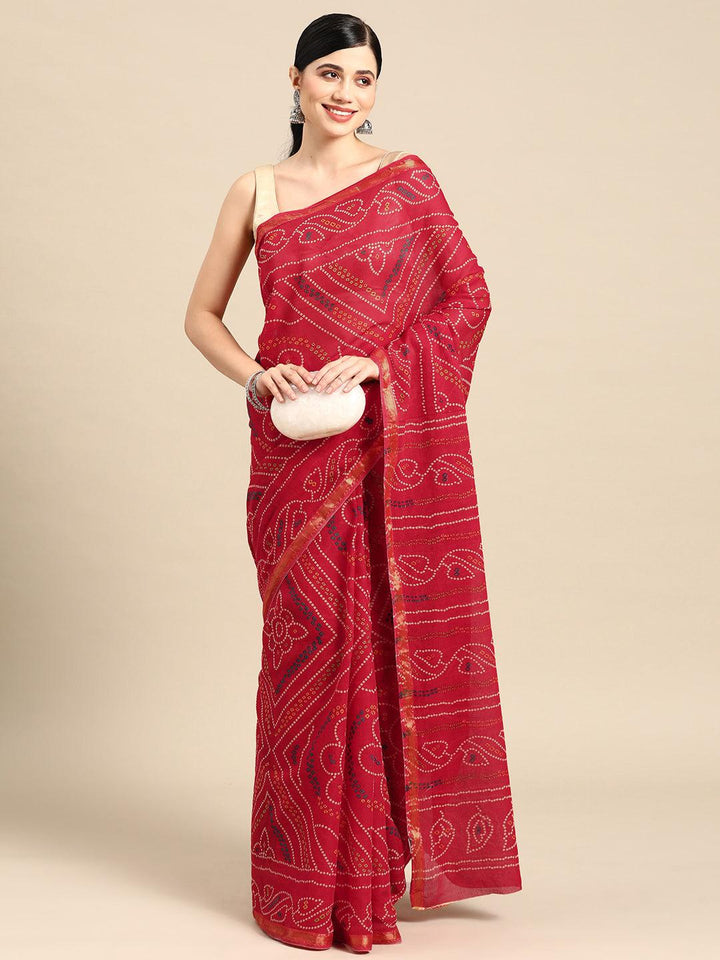 Red Printed Cotton Saree - ShopLibas