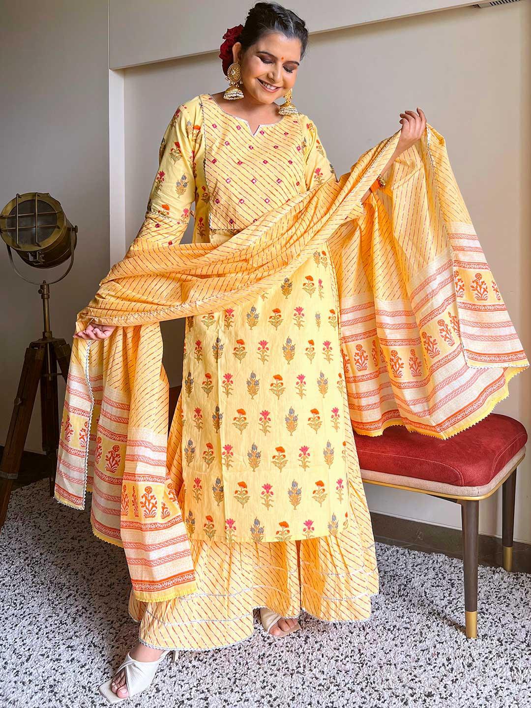 Yellow Printed Cotton Suit Set