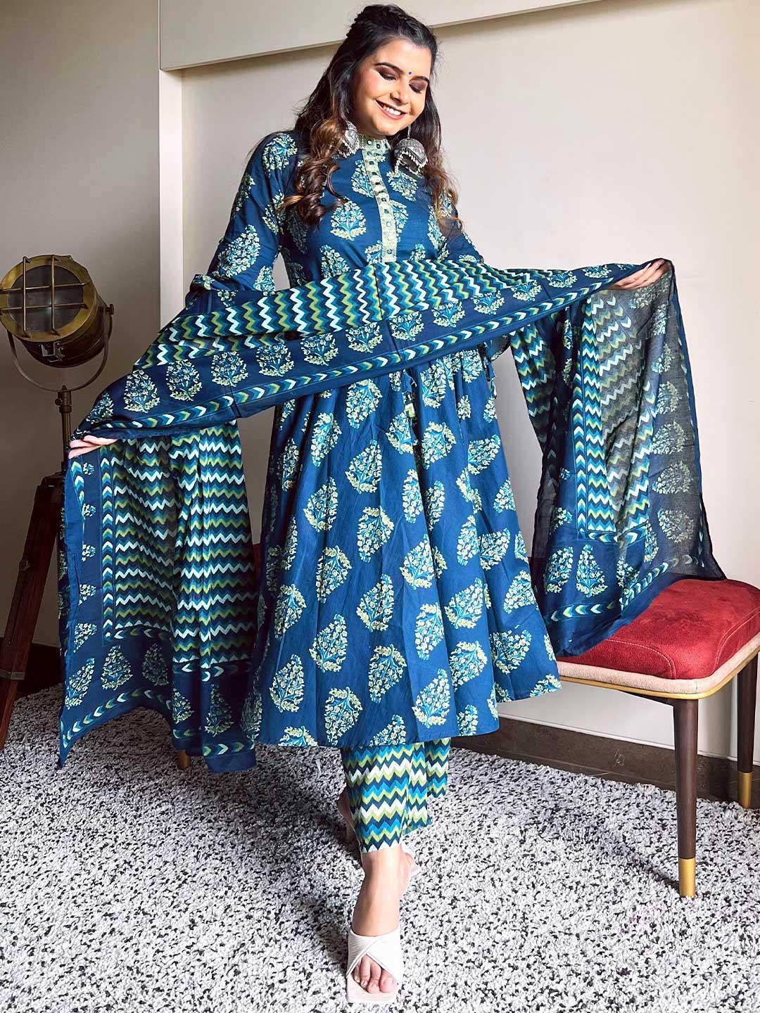 Blue Printed Cotton Suit Set - ShopLibas