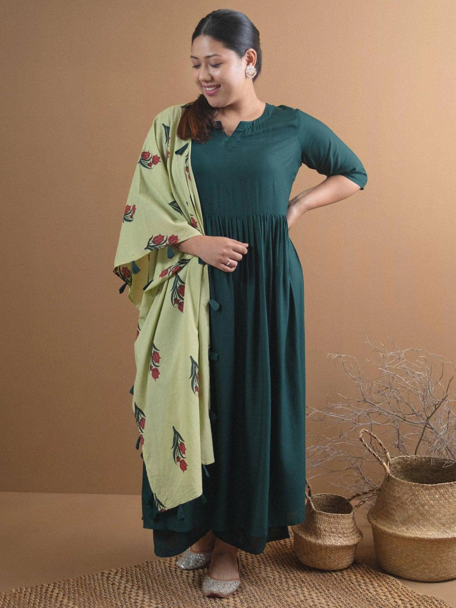 Plus Size Green Solid Rayon Suit Set