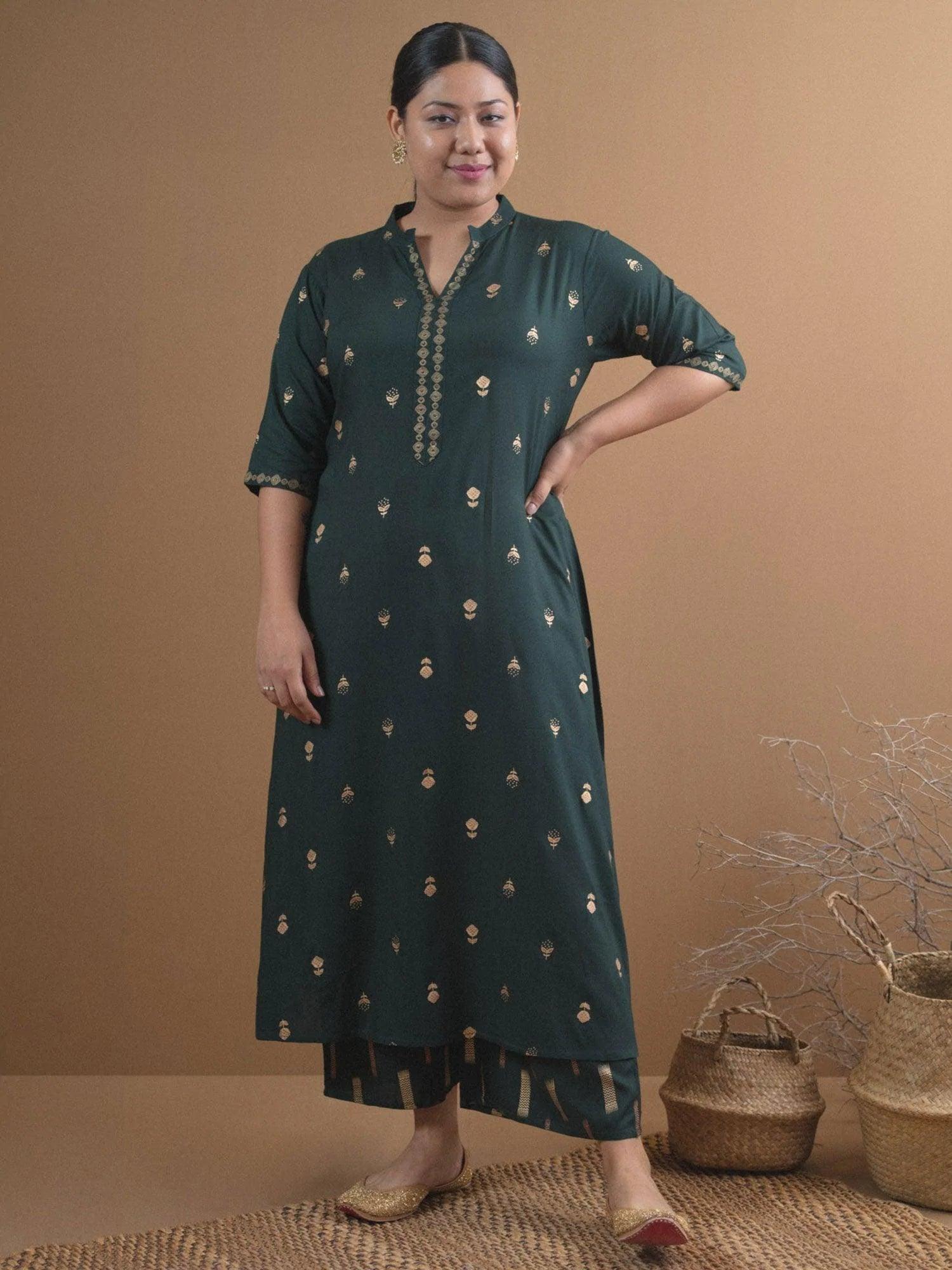 Plus Size Green Printed Rayon Kurta Set