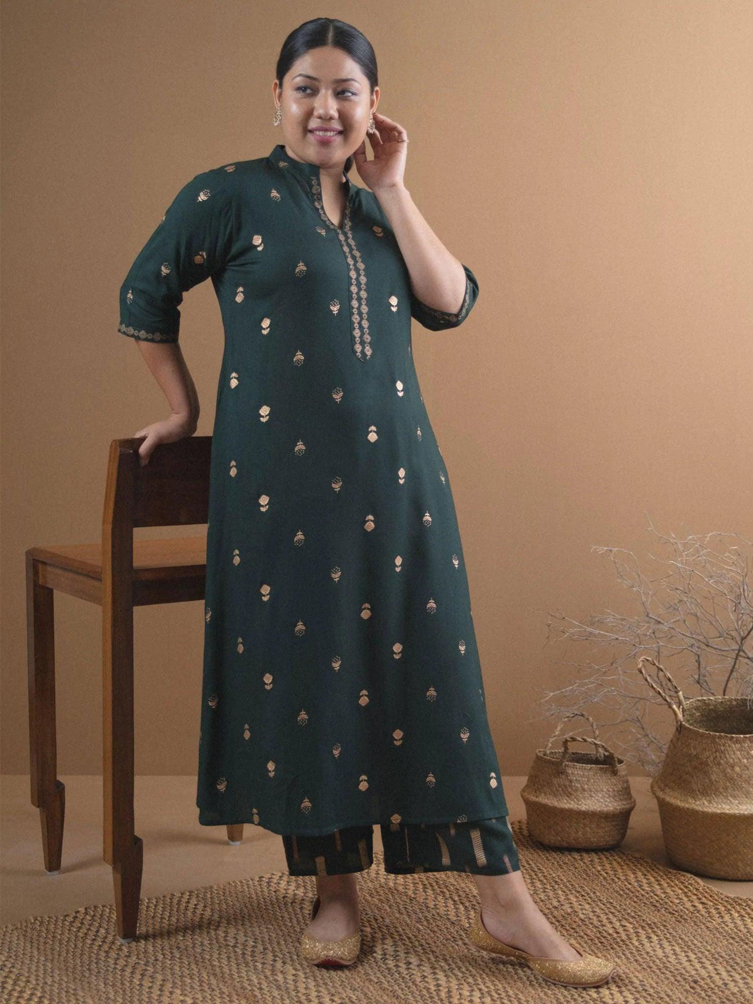 Plus Size Green Printed Rayon Kurta Set