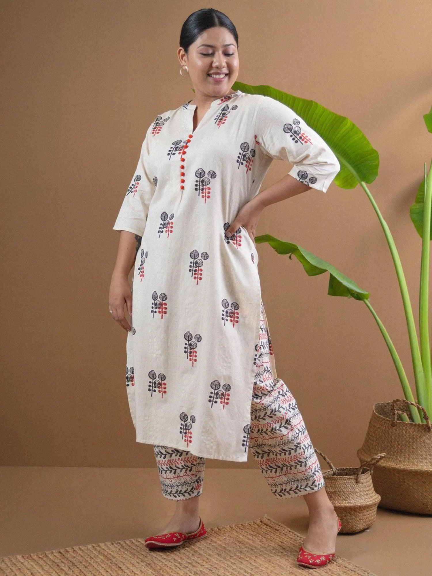 Plus Size Off White Printed Cotton Kurta Set