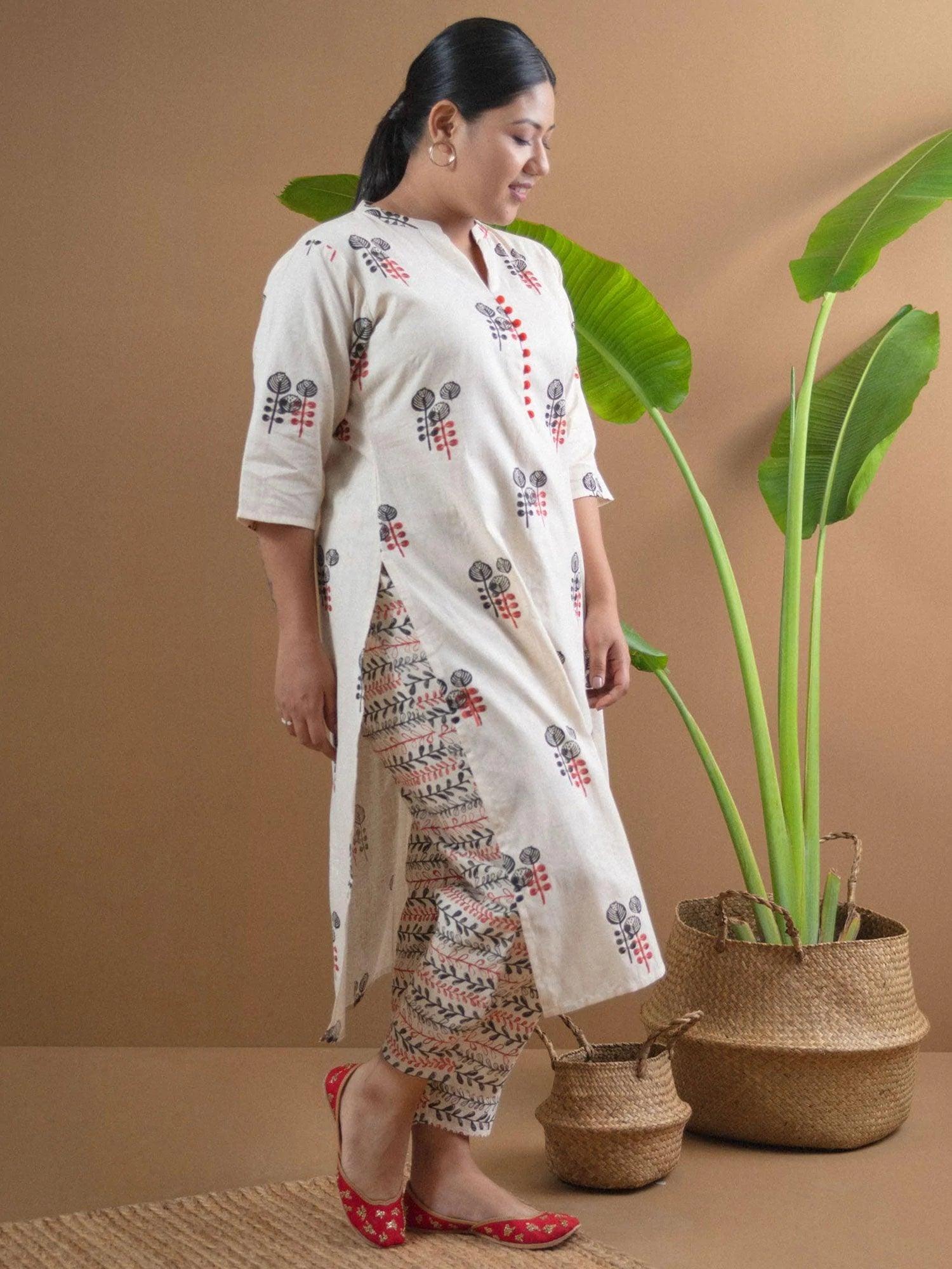 Plus Size Off White Printed Cotton Kurta Set