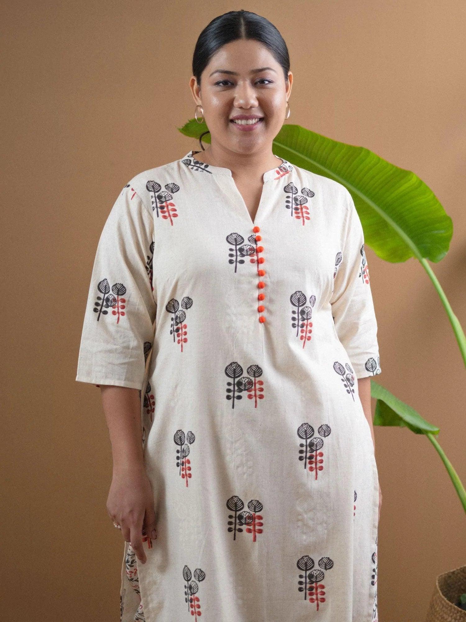 Plus Size Off White Printed Cotton Kurta Set