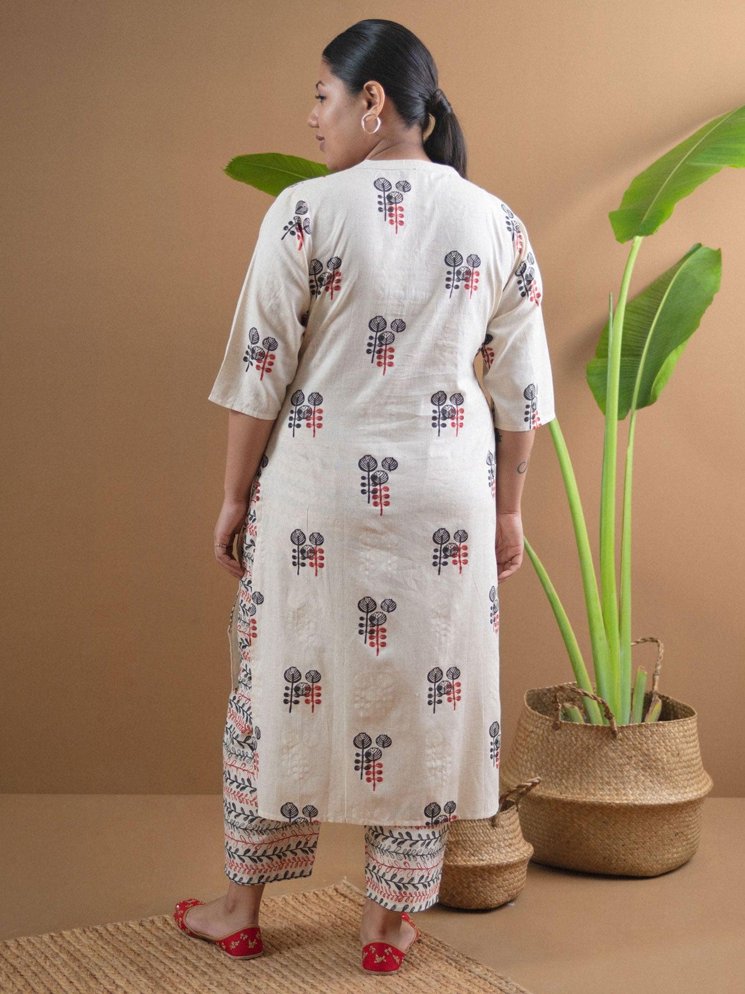 Plus Size Off White Printed Cotton Kurta Set