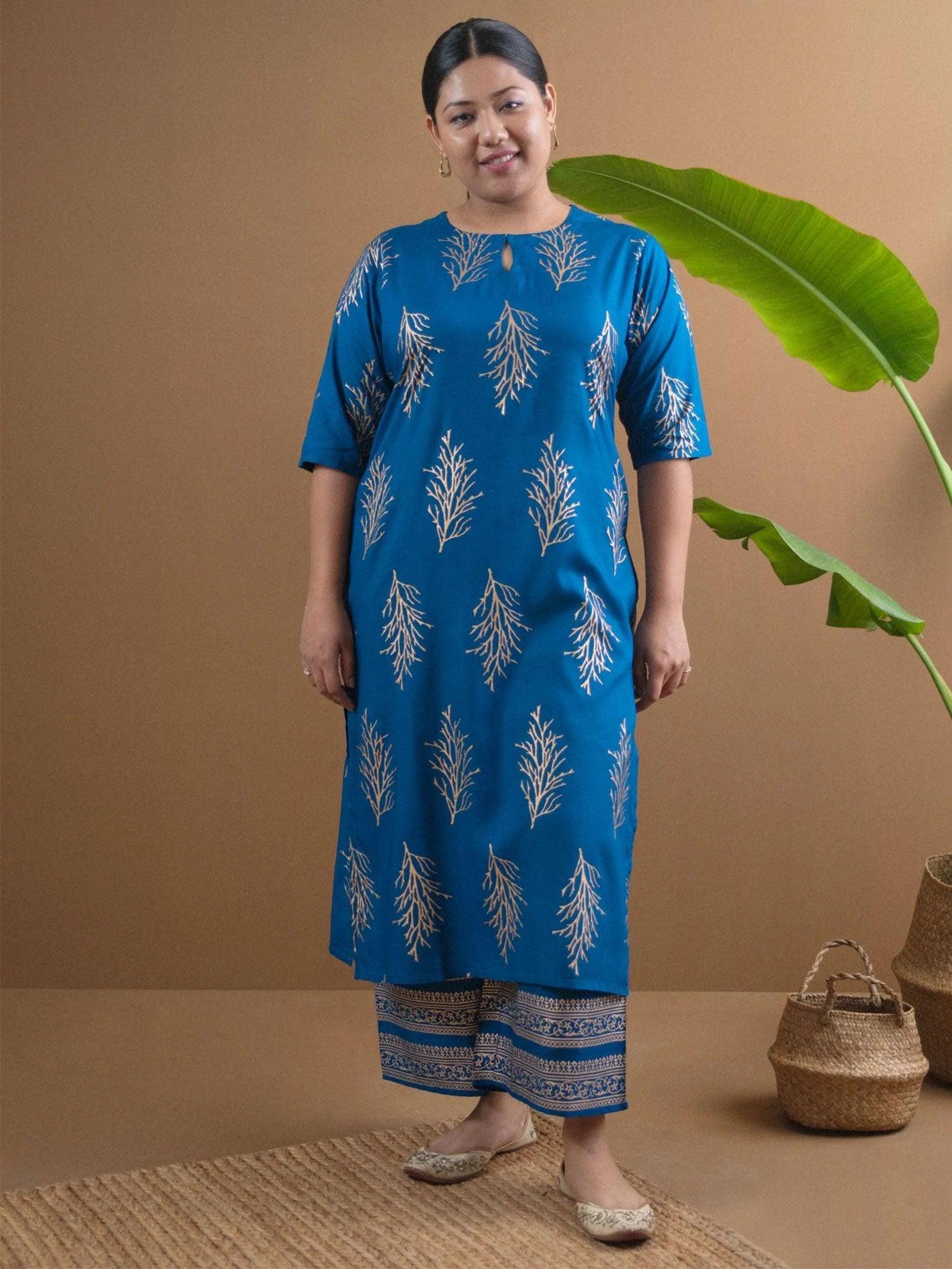 Plus Size Blue Printed Cotton Kurta Set