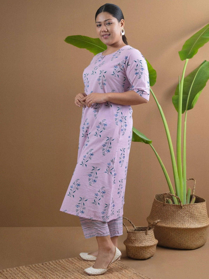 Plus Size Purple Printed Cotton Kurta Set - ShopLibas