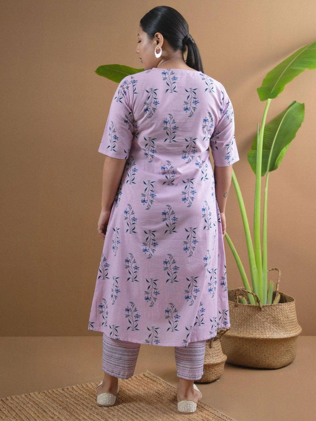 Plus Size Purple Printed Cotton Kurta Set - ShopLibas