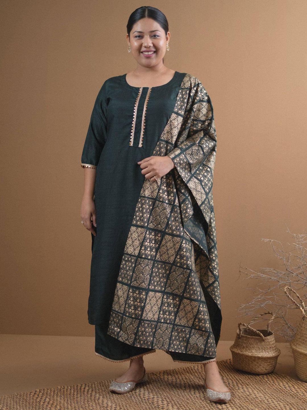 Plus Size Green Solid Chanderi Suit Set - ShopLibas