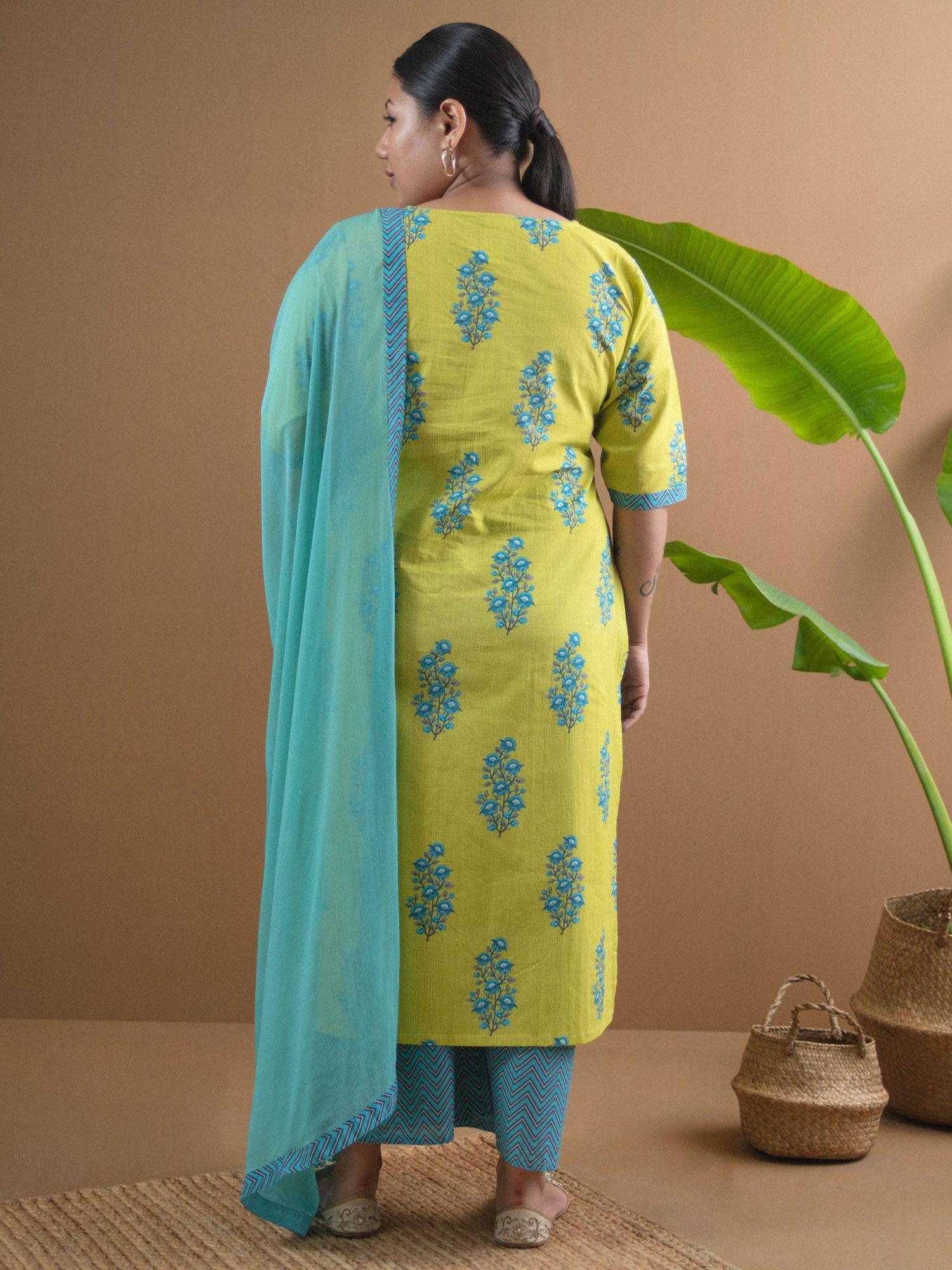 Plus Size Green Printed Cotton Suit Set