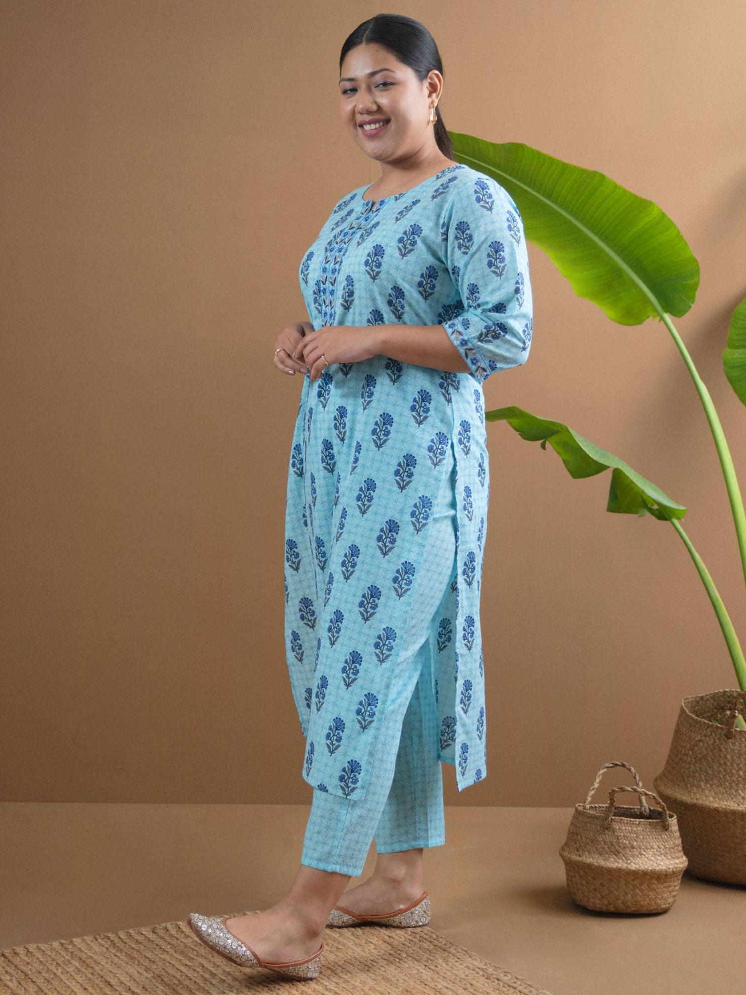 Plus Size Blue Printed Cotton Kurta Set