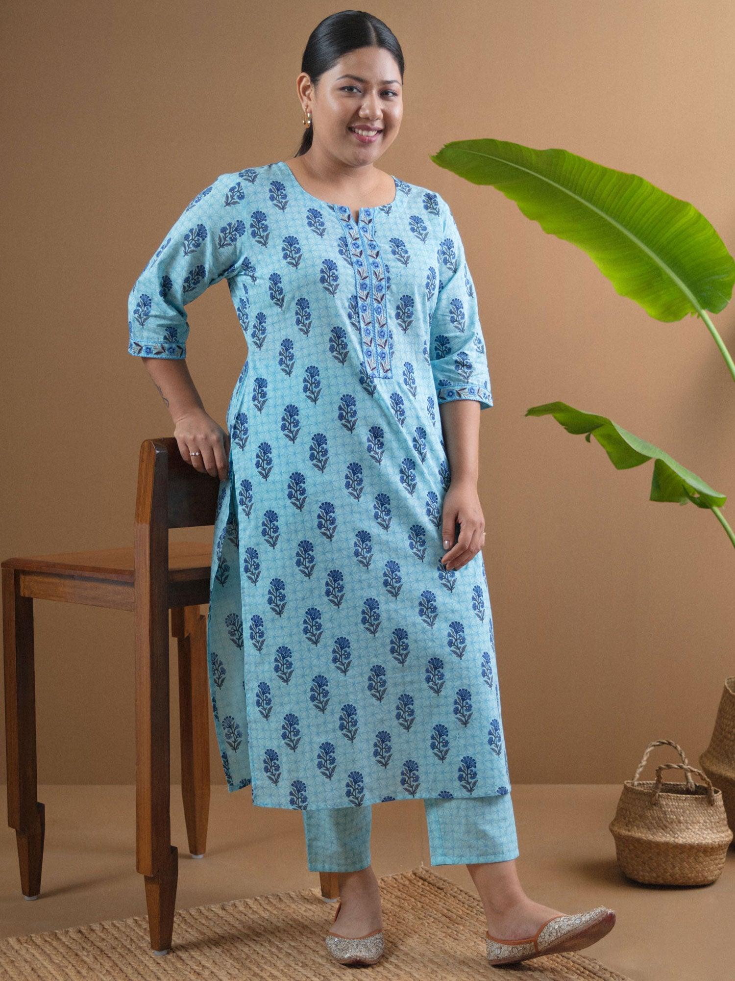 Plus Size Blue Printed Cotton Kurta Set