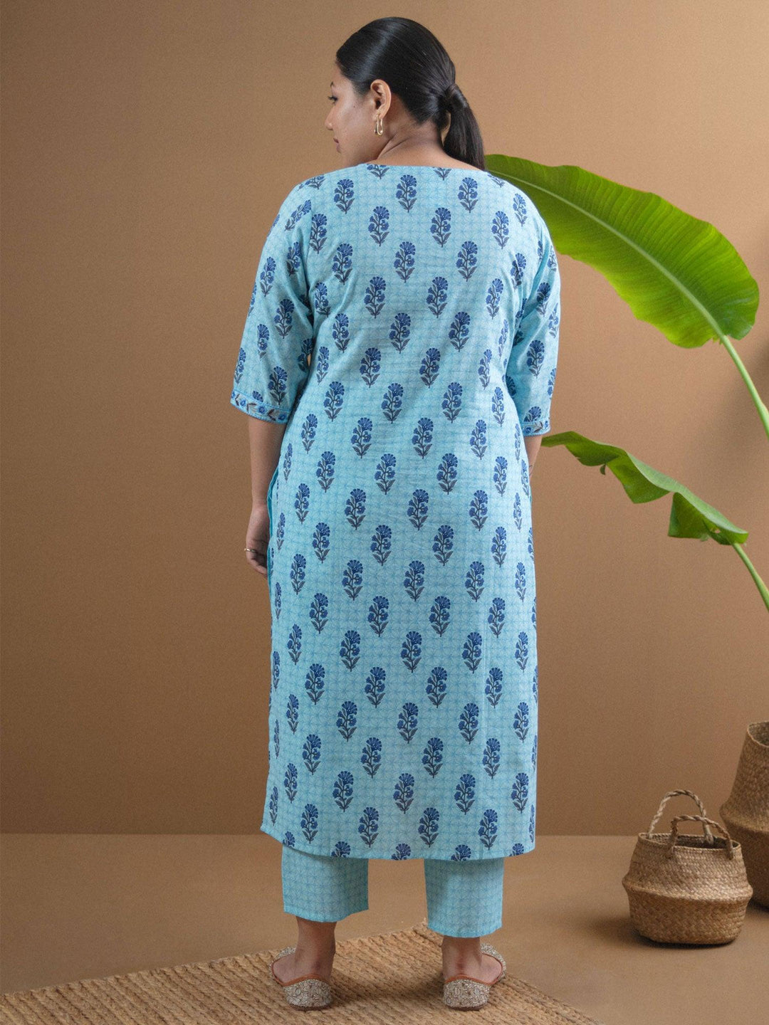 Plus Size Blue Printed Cotton Kurta Set - ShopLibas