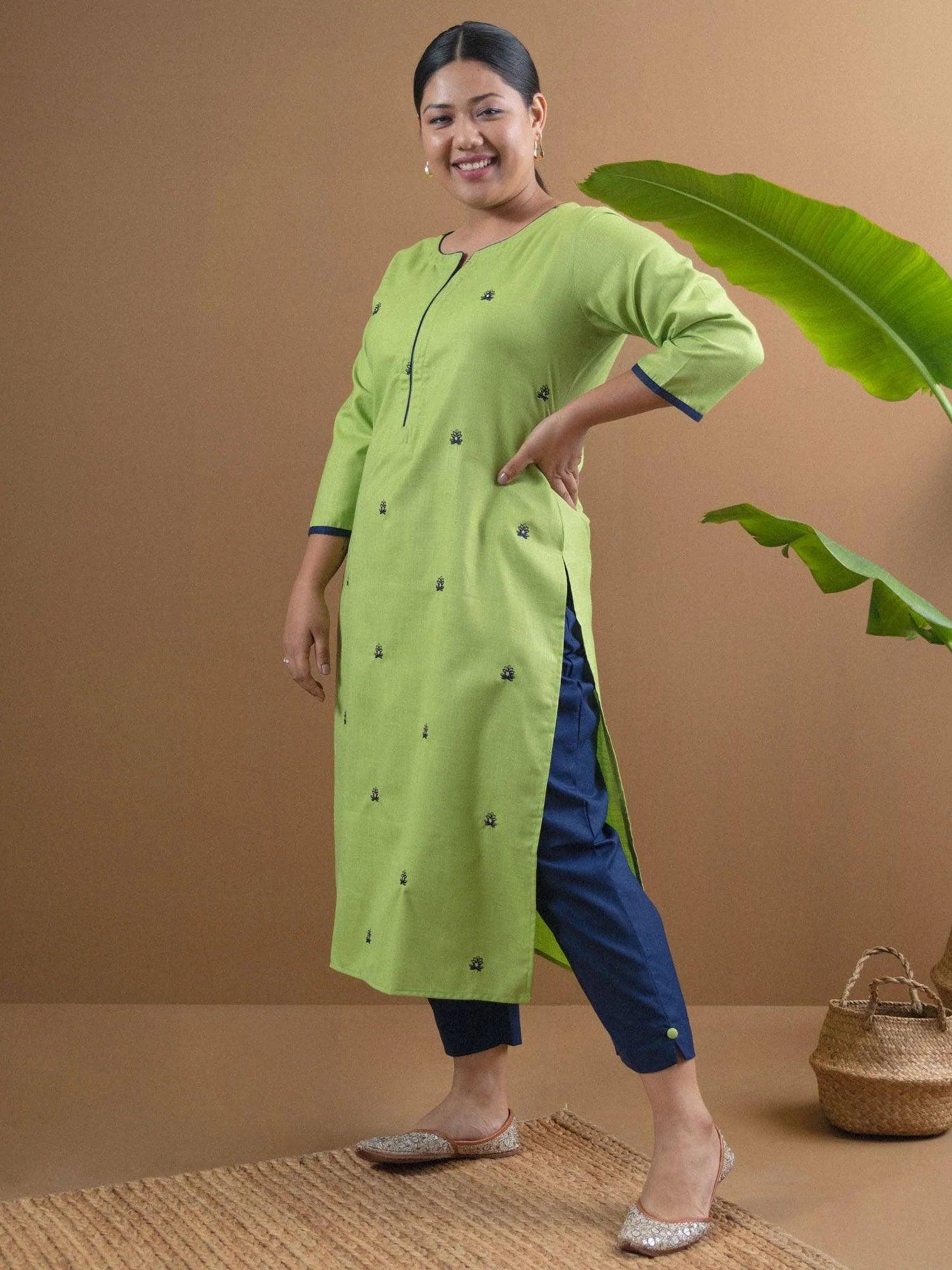 Plus Size Green Embroidered Cotton Kurta Set