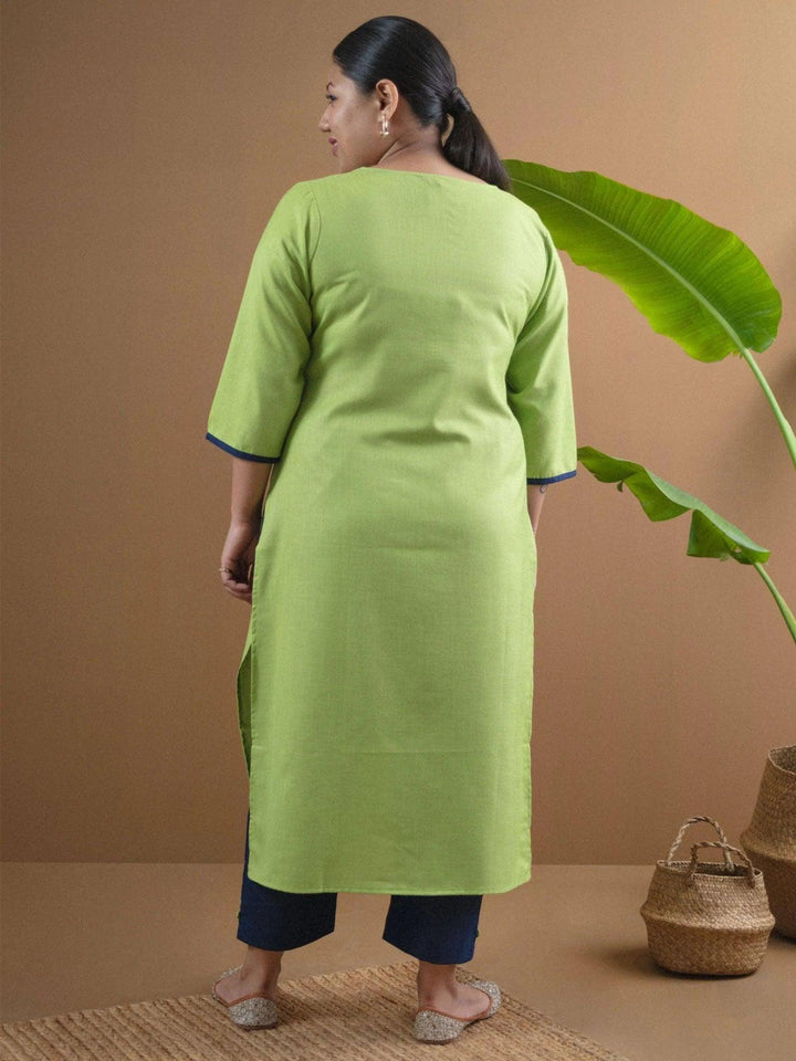 Plus Size Green Embroidered Cotton Kurta Set - ShopLibas