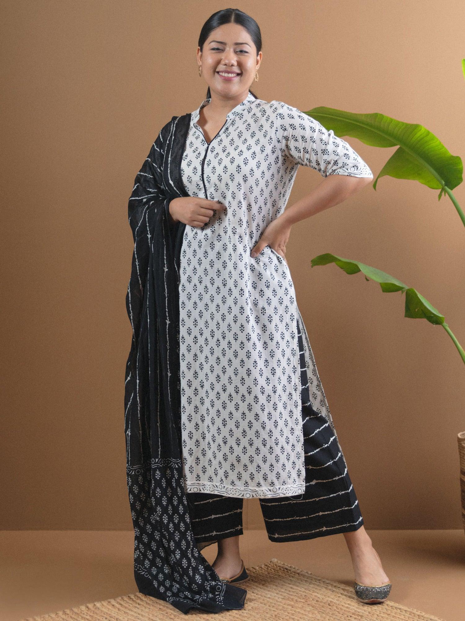 Plus Size White Printed Cotton Suit Set