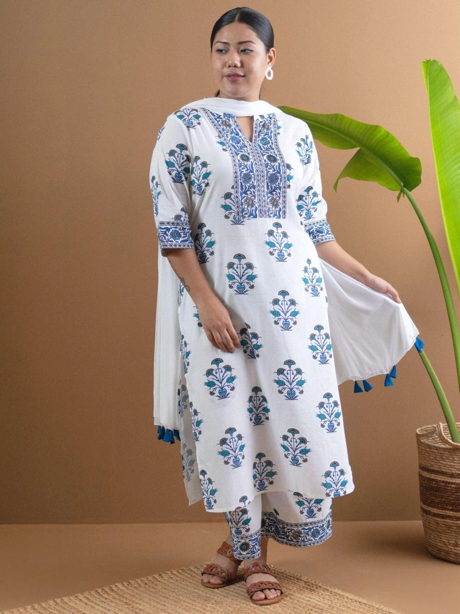 Plus Size White Printed Cotton Suit Set