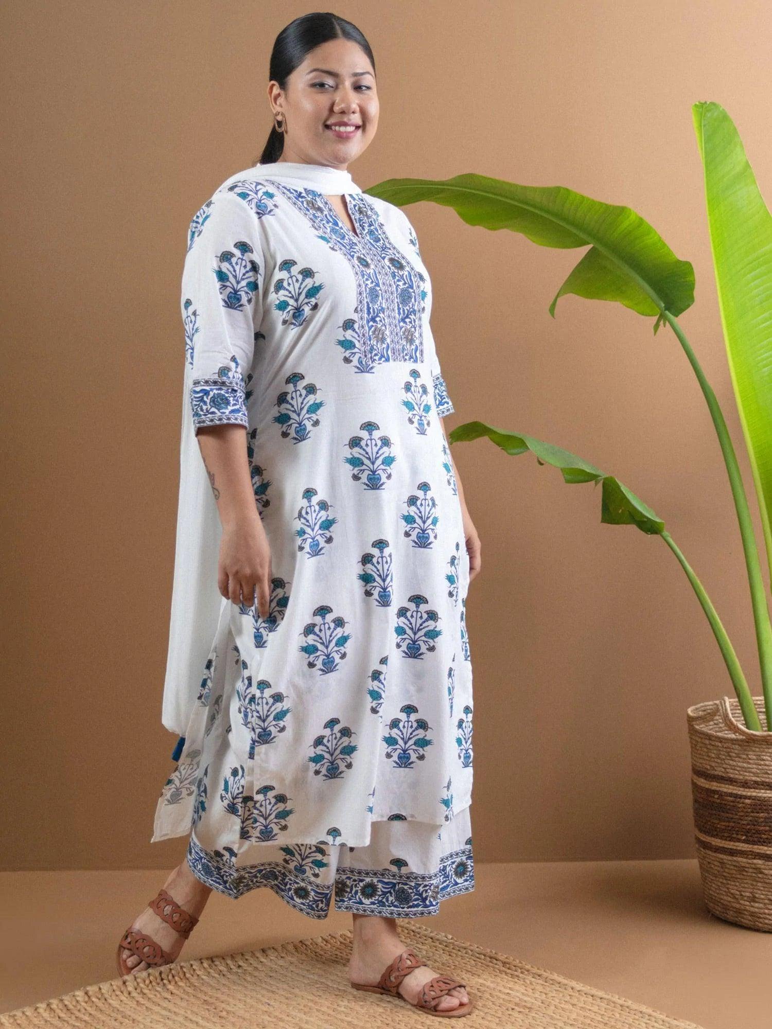 Plus Size White Printed Cotton Suit Set